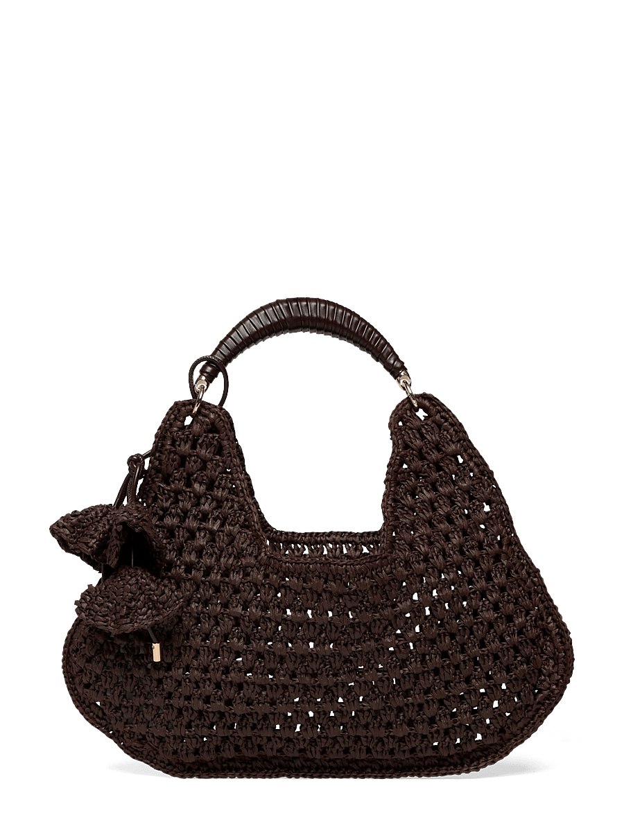 Mango - Natural fibre shoulder bag with flower charm - skuldertasker - dark brown - 1