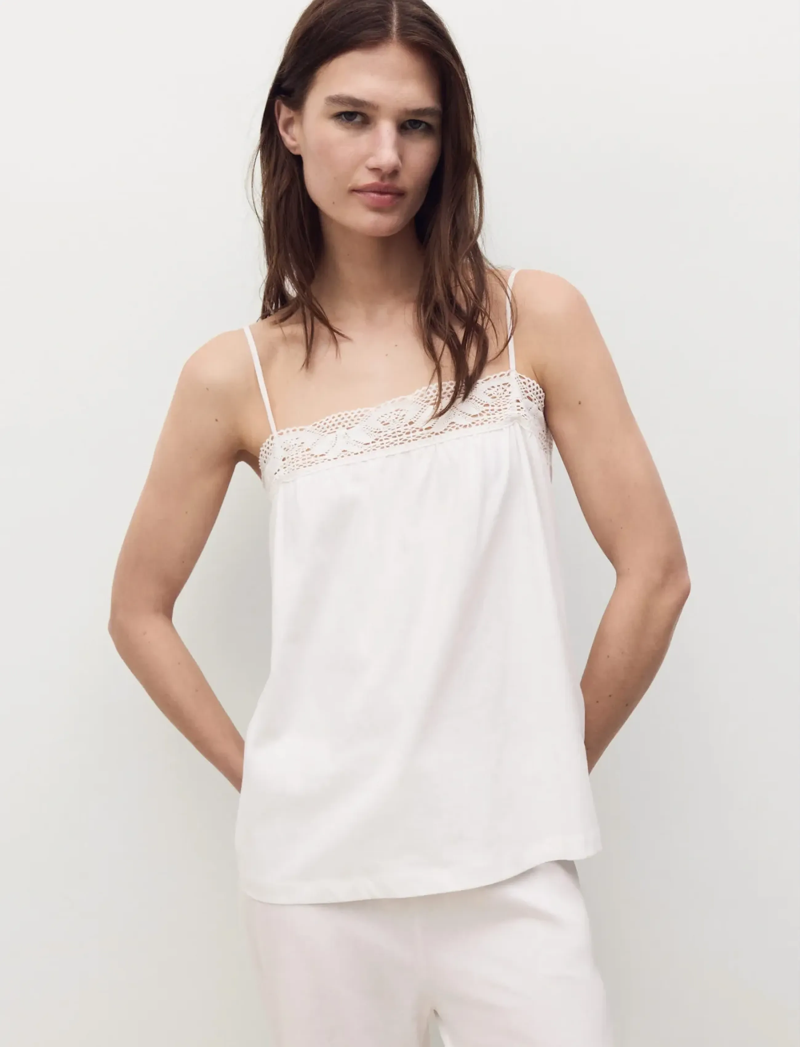 Mango Cotton Top With Lace Straps, M, White, Nat- Og Loungewear > Toppe, Dame