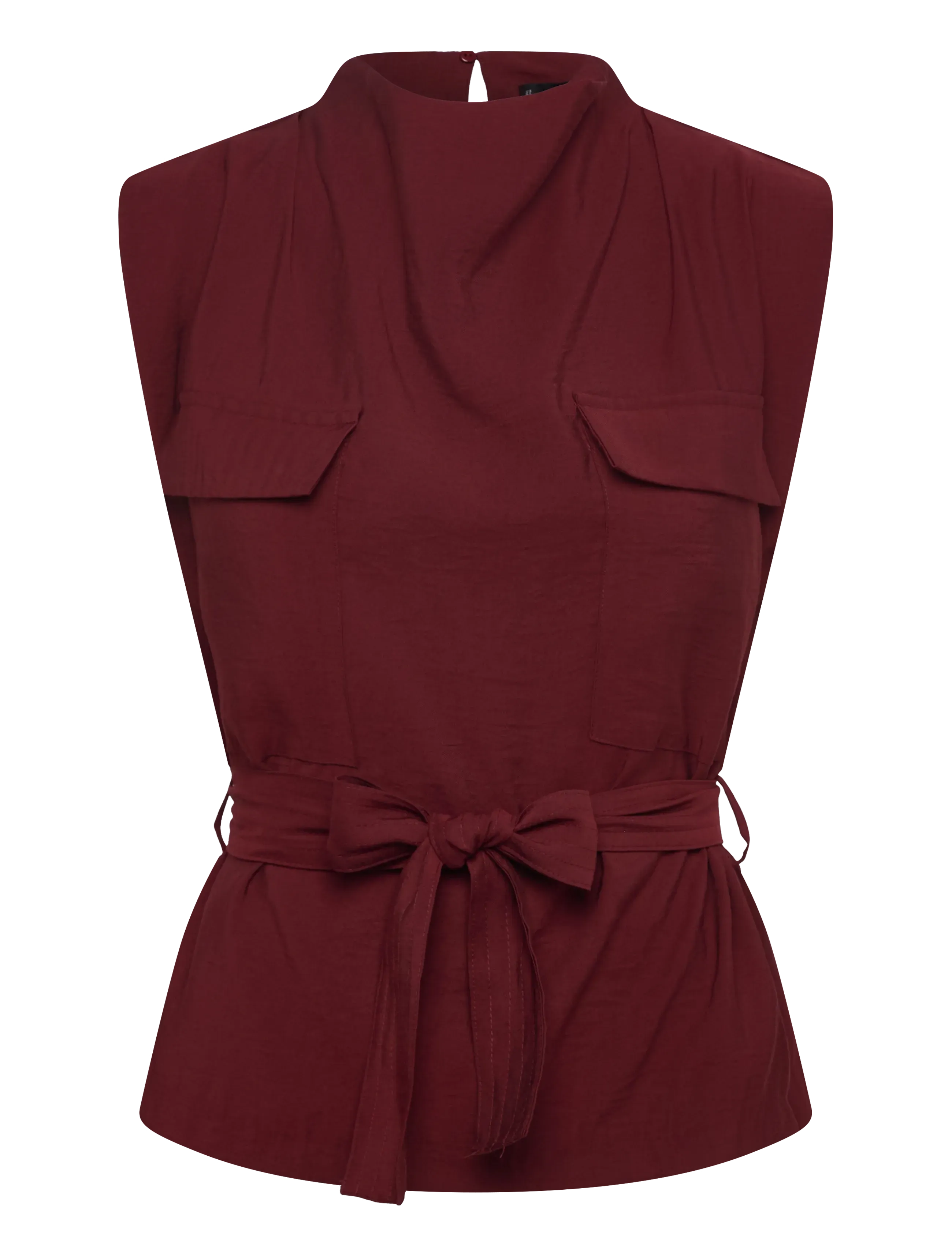 Blouse with draped neck and belt - MEDIUM RED