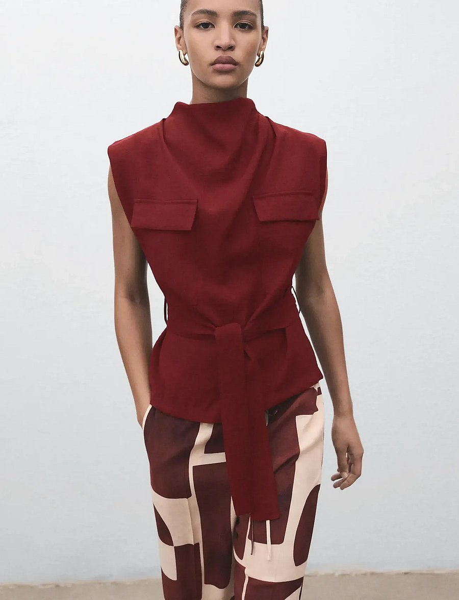 Mango - Blouse with draped neck and belt - medium red - 0