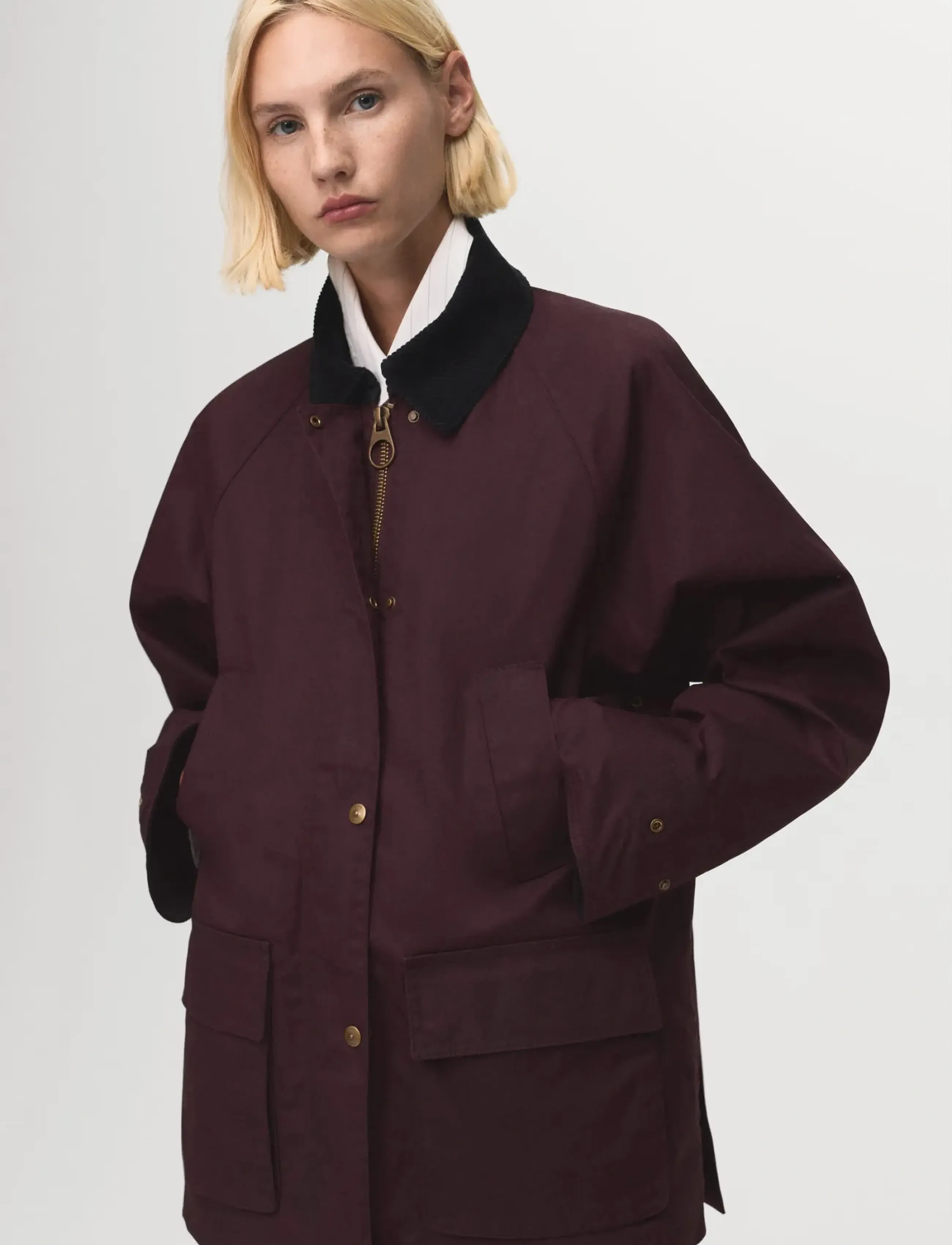 Mango Cotton parka with corduroy collar - Parkas - DARK RED / burgundy