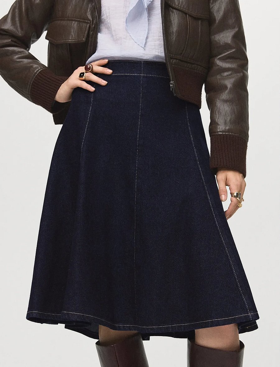 Mango - Denim midi-skirt with stitching - denimnederdele - open blue - 0