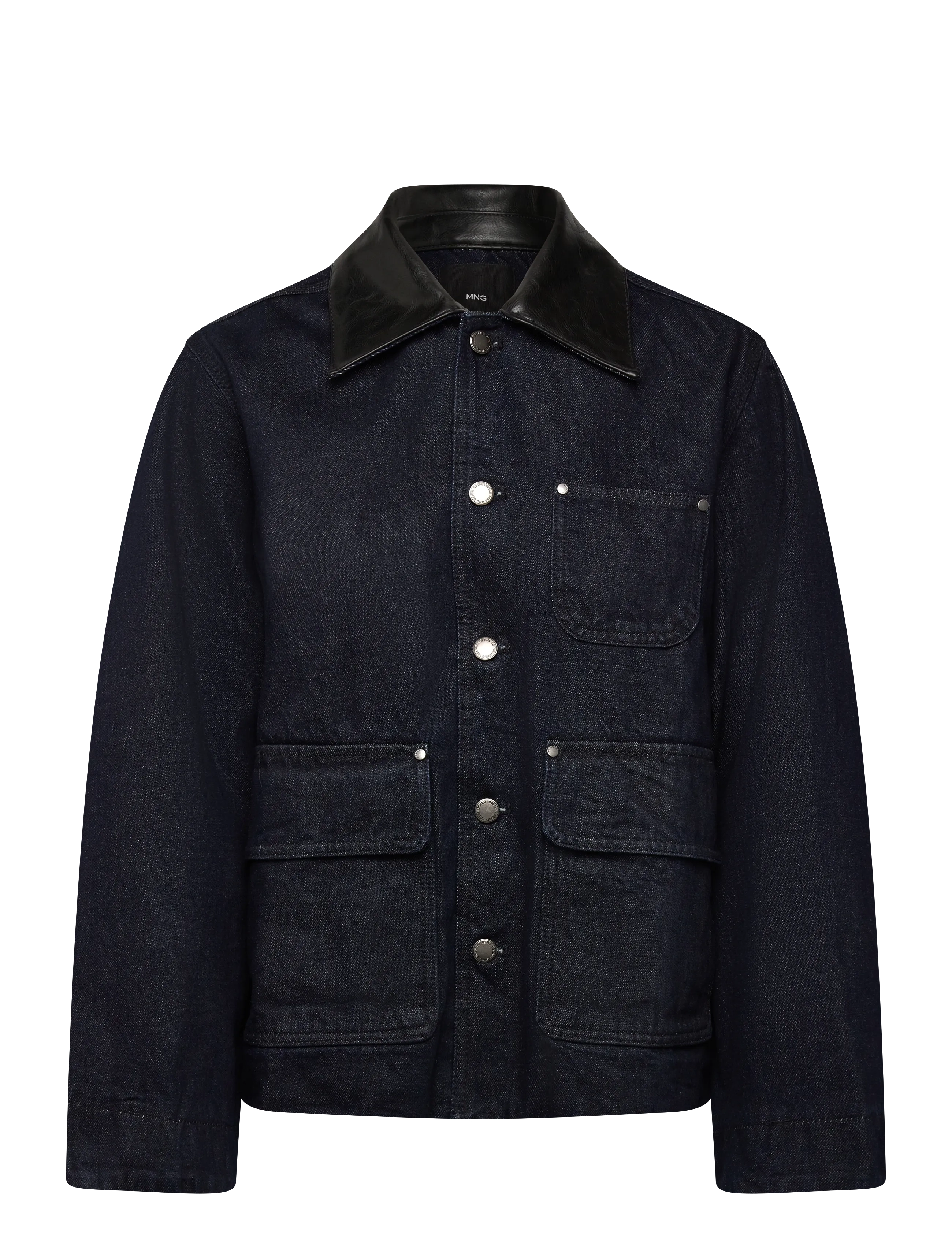 Denim jacket with faux-leather collar - OPEN BLUE