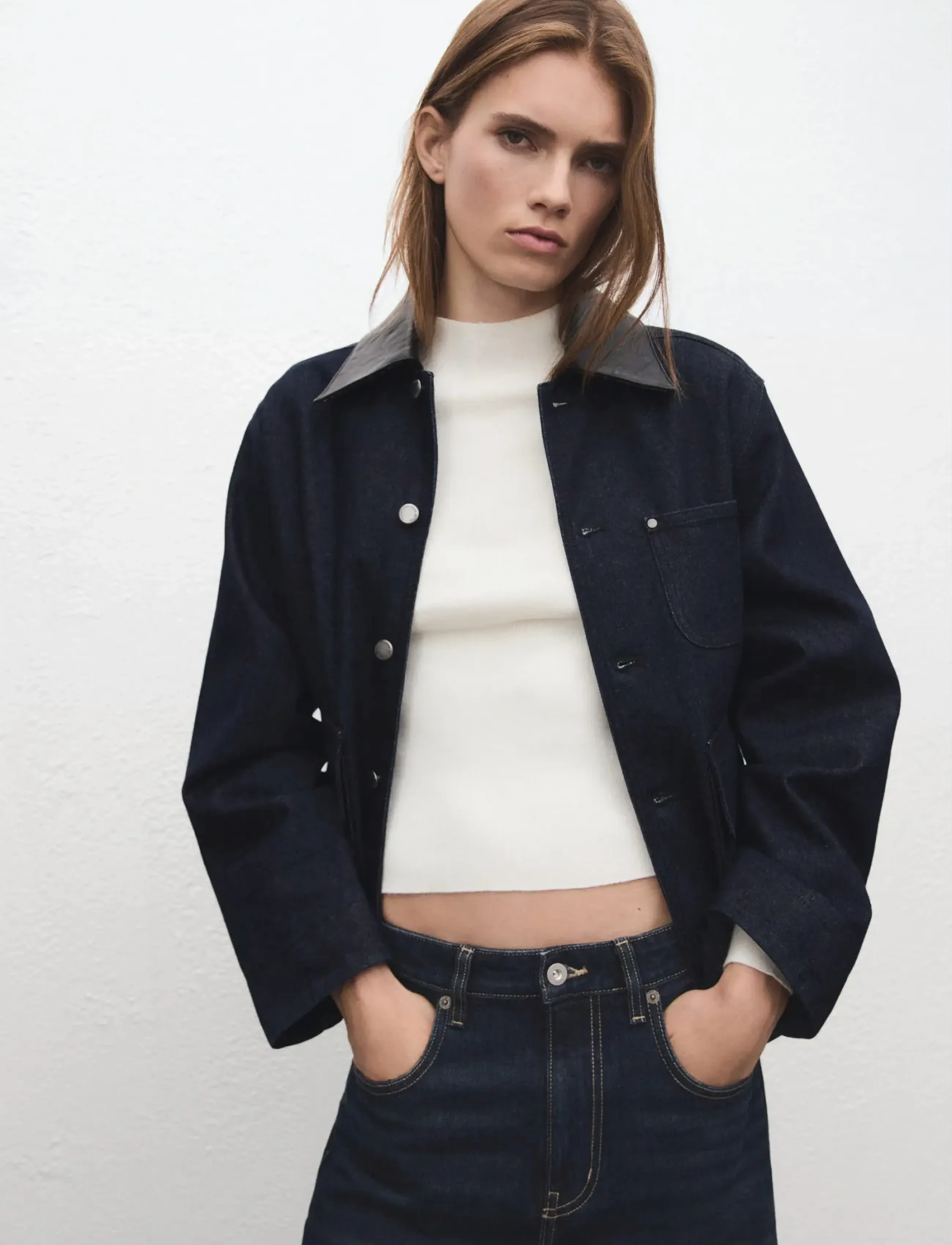 Mango Denim jacket with faux-leather collar - Jeansmode - OPEN BLUE / navy