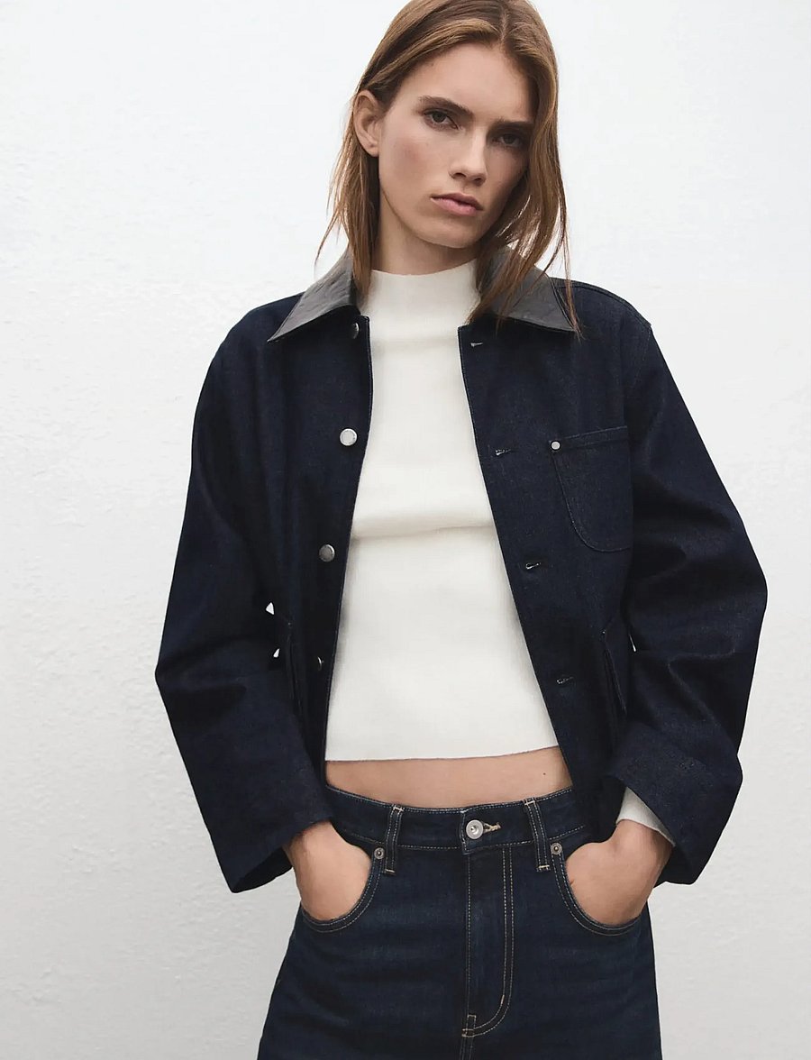 Mango - Denim jacket with faux-leather collar - vårjackor - open blue - 0