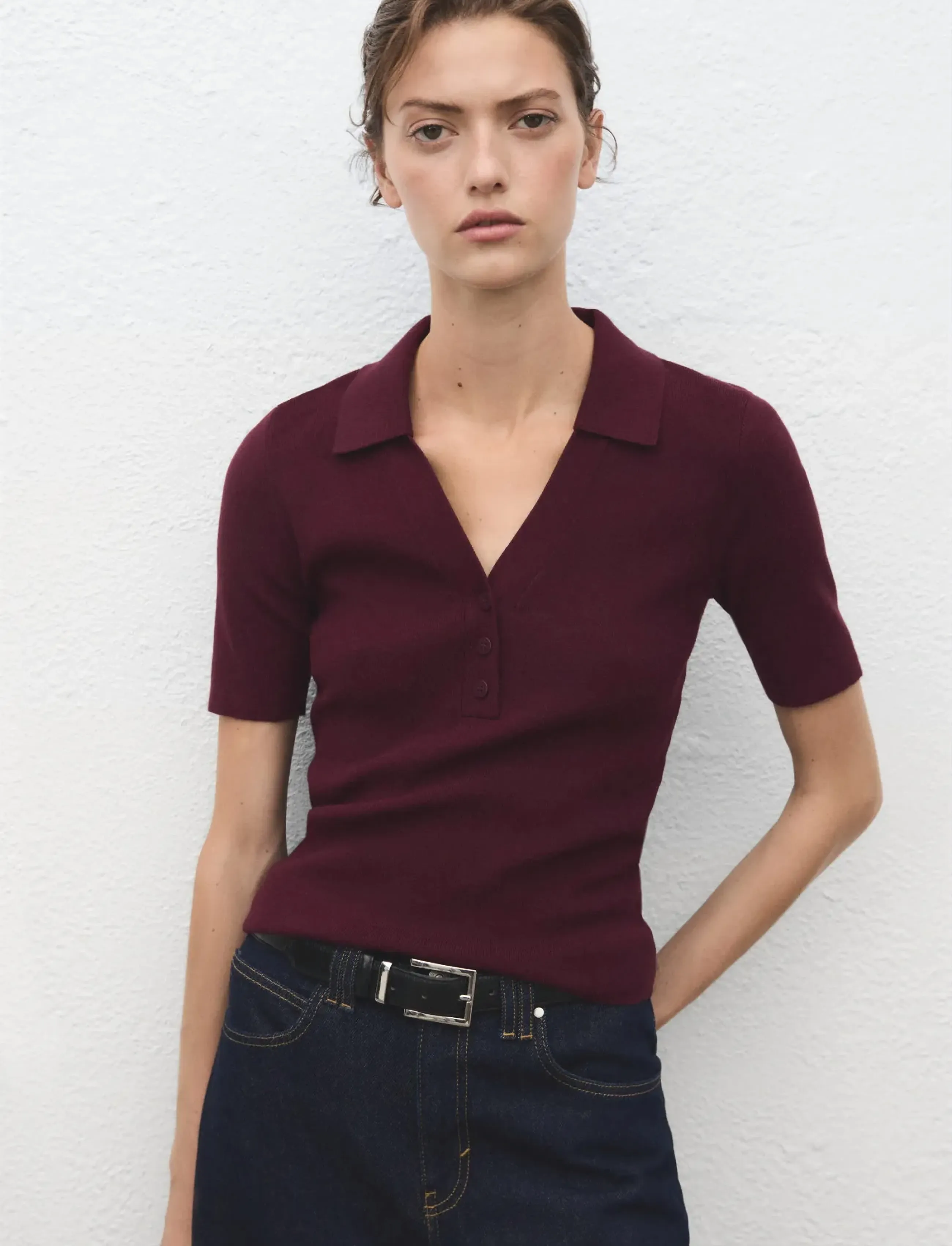 Mango Fine-Knit Sweater With Shirt Collar, XS, Burgundy, Skjorter > Kortærmede, Dame