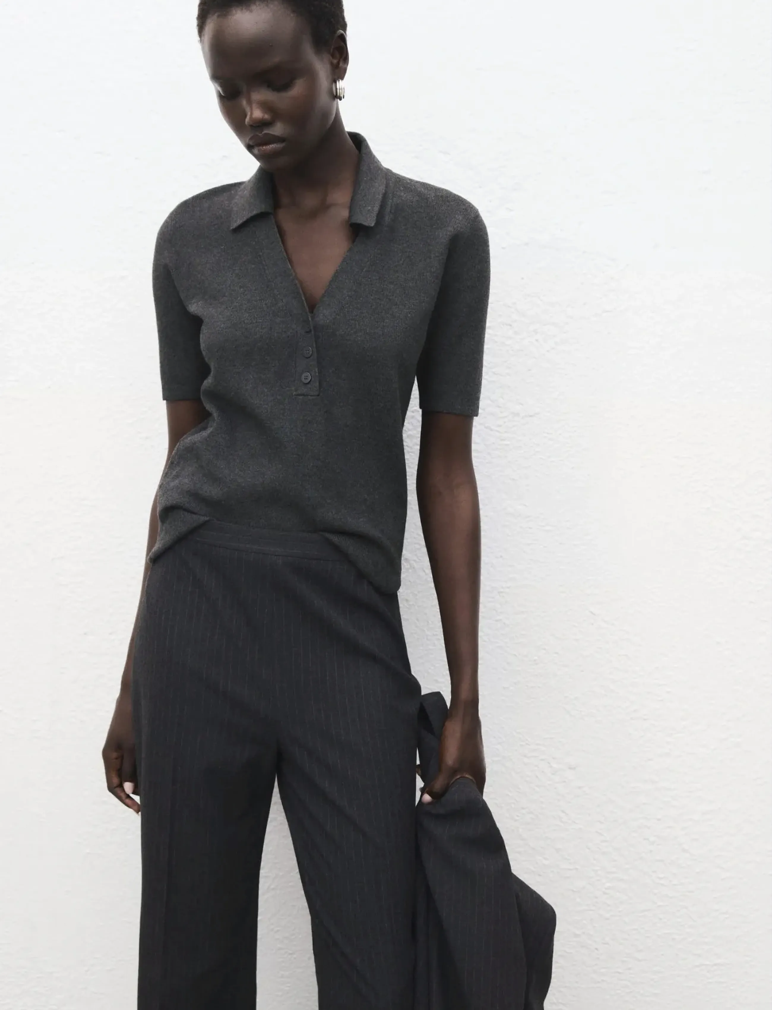 Mango Fine-knit sweater with shirt collar - Mango - MEDIUM GREY / grey