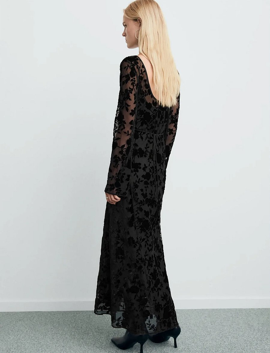 Mango - Floral jacquard dress with bell sleeves - aftonklänningar - black - 4