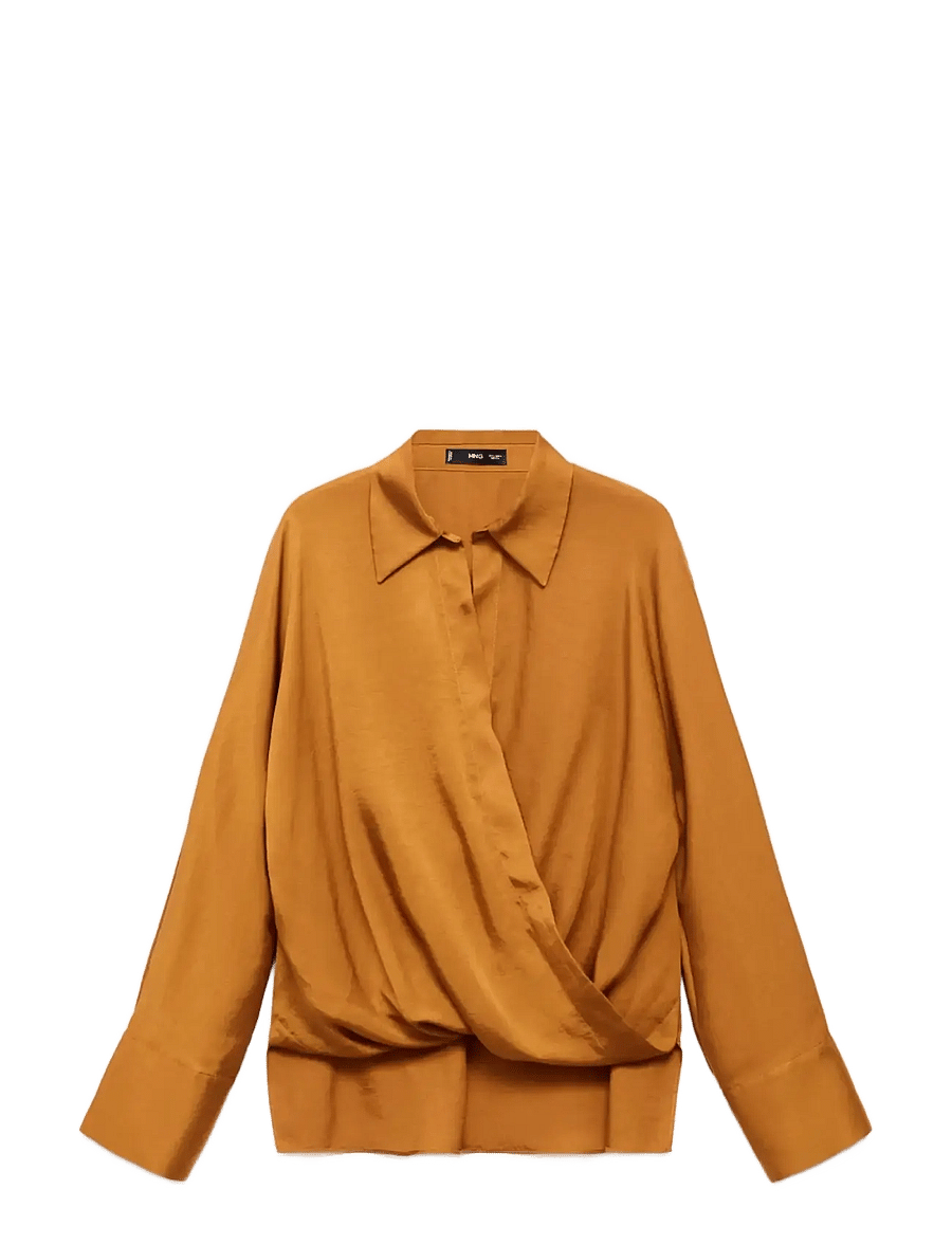 Mango - Cross-over satin blouse - langærmede skjorter - medium yellow - 1