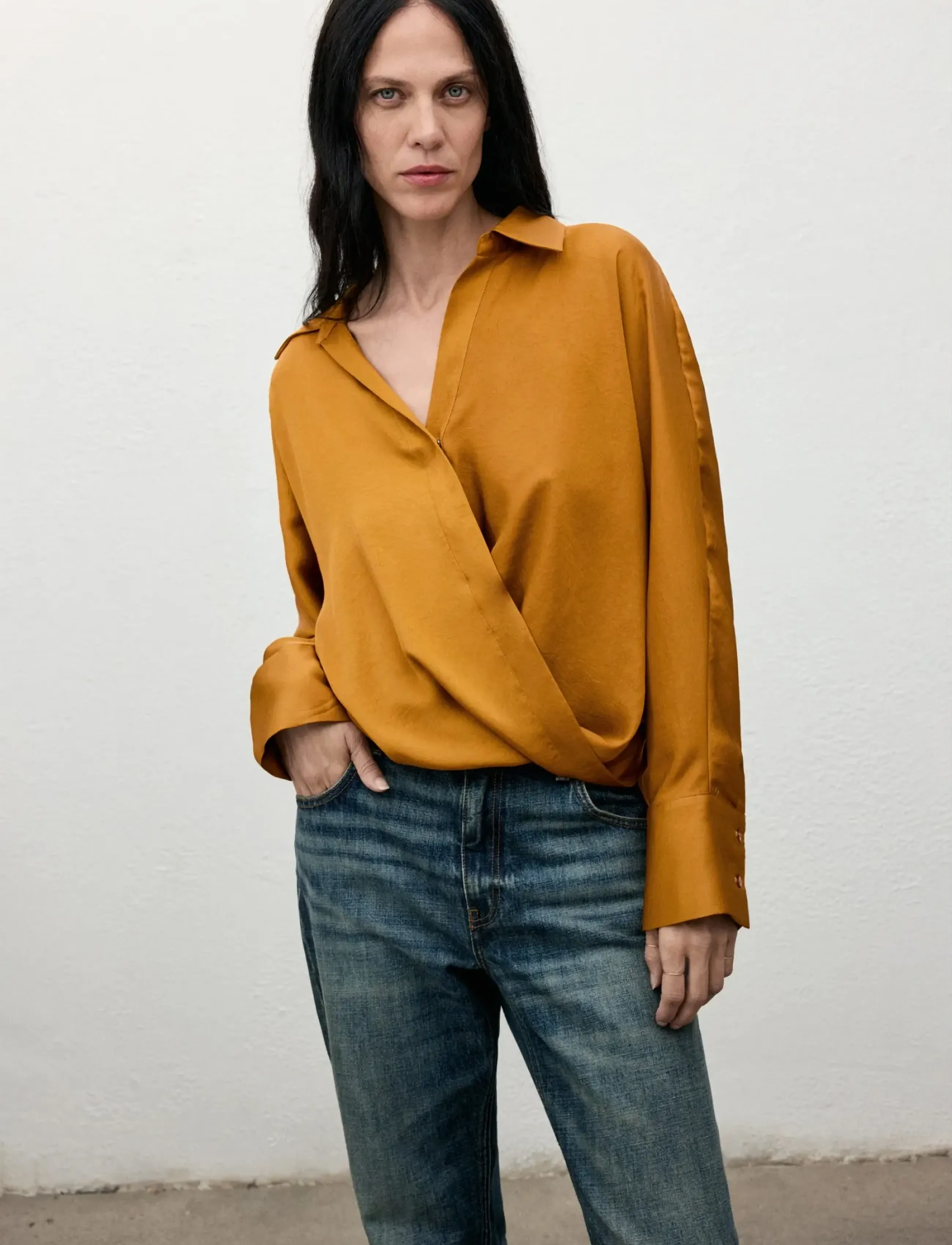 Mango Cross-Over Satin Blouse, M, Yellow, Skjorter > Langærmede, Dame