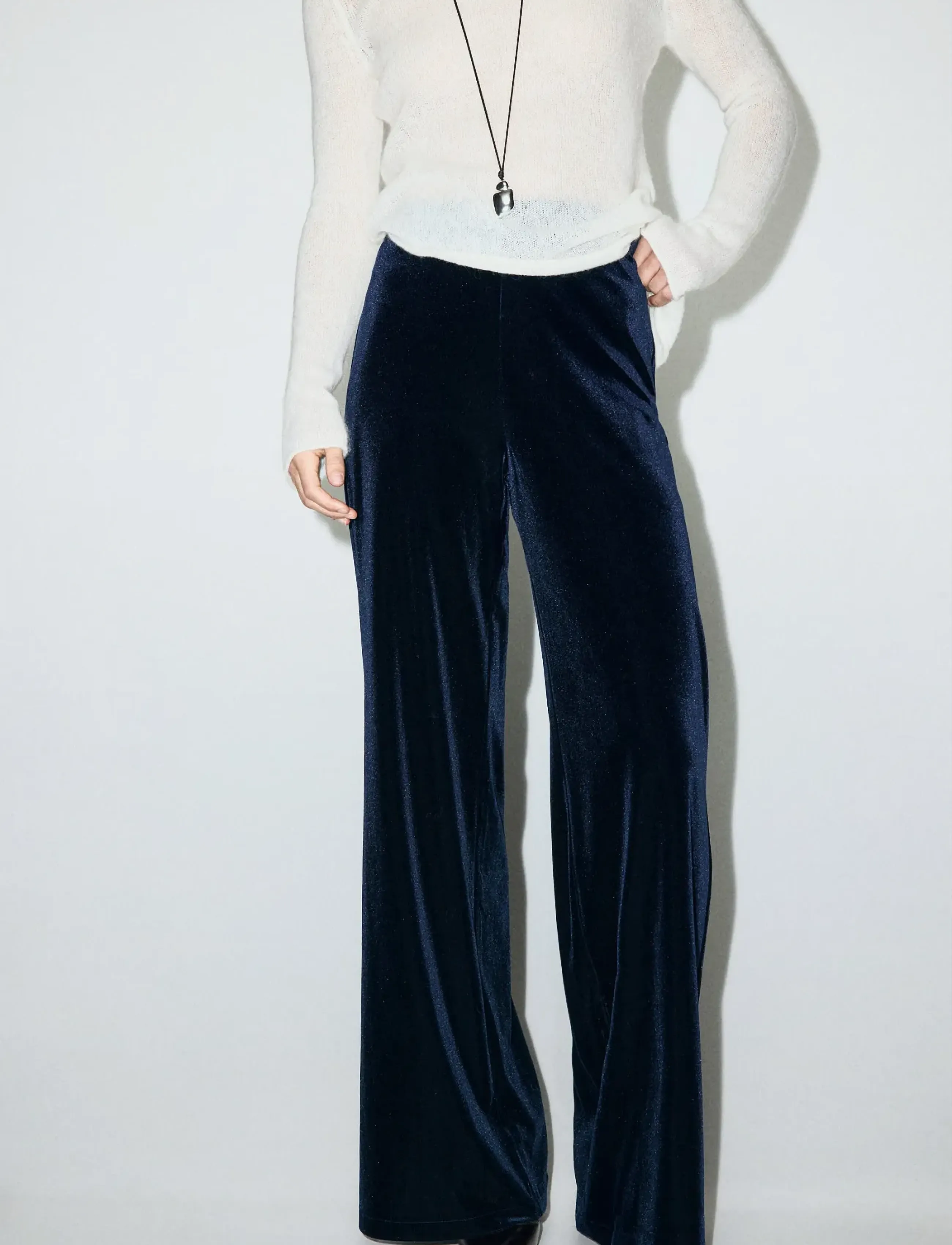 Mango Velvet Wide Leg Trousers, Kvinder, Vide Ben Fløjlsbukser, Navy, Str: S
