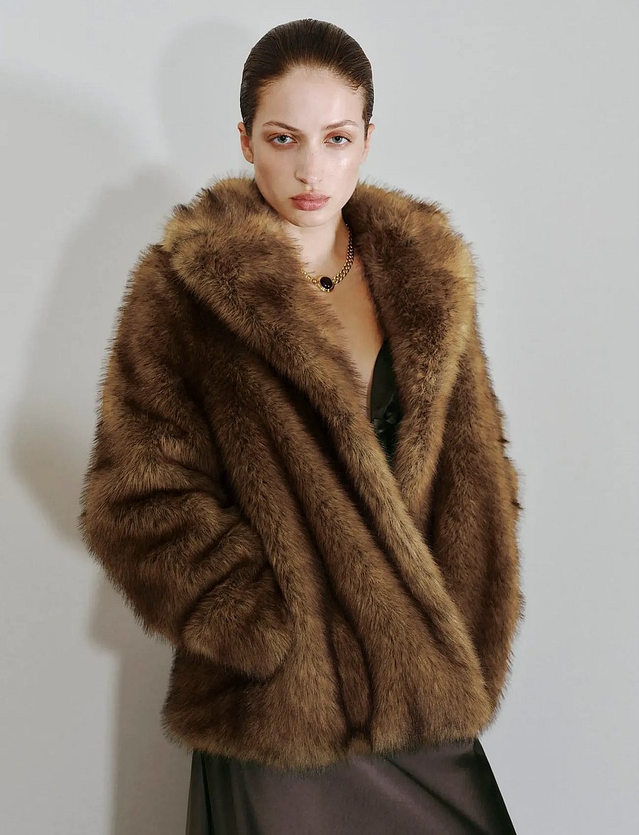 Mango - Faux-fur coat with lapels - faux fur jakker - light beige - 0