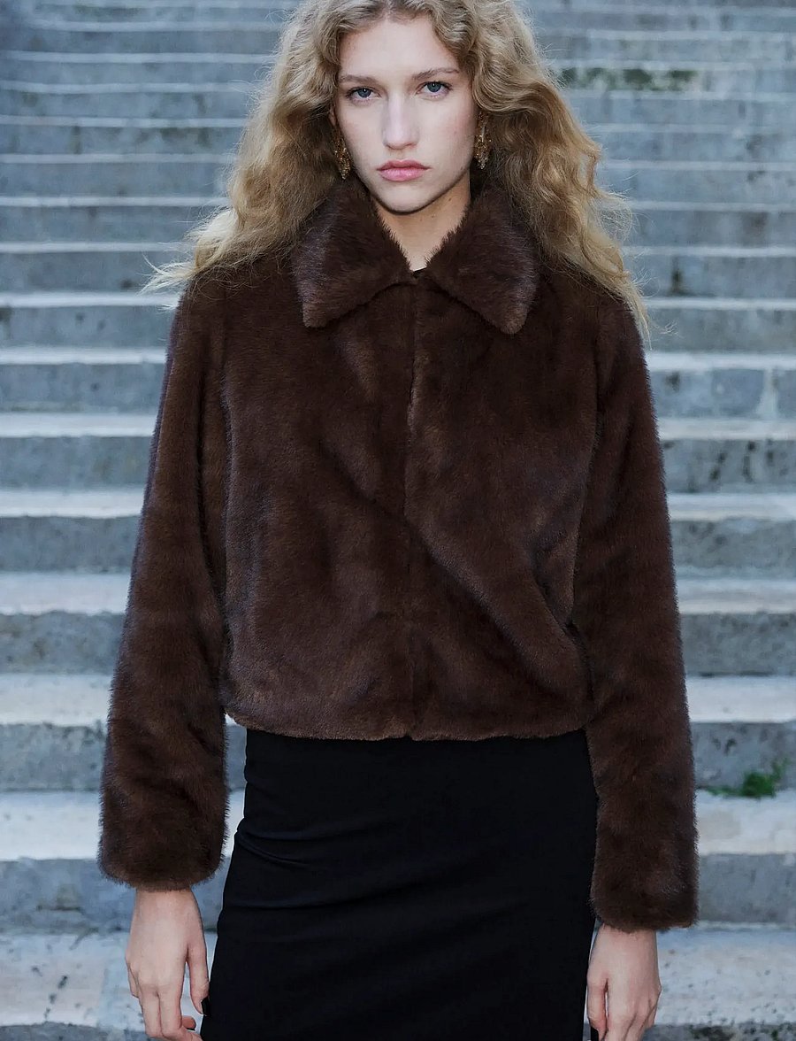 Mango - Faux-fur jacket with lapels - fuskpäls - brown - 0