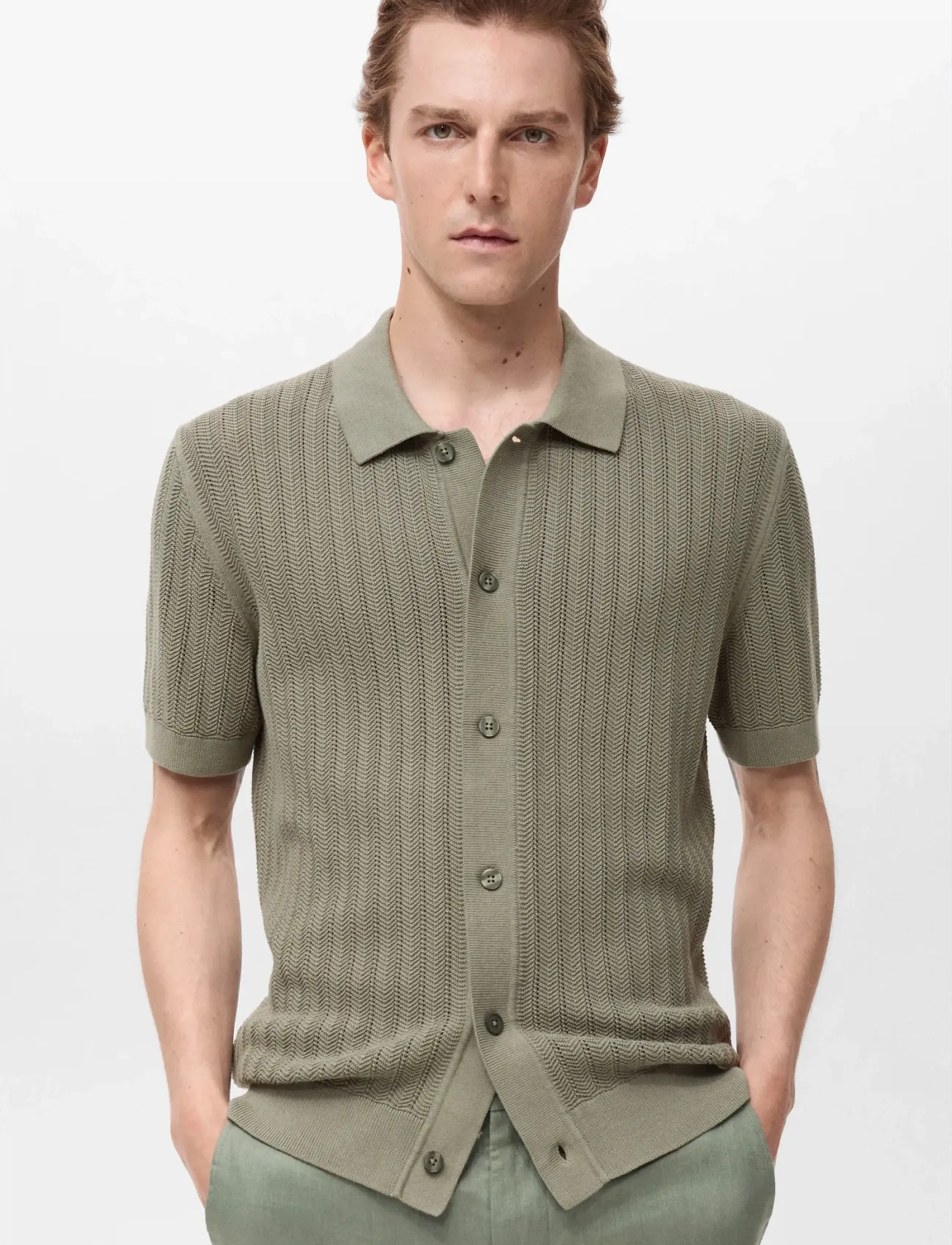 Mango 100% cotton shirt structure - Kortärmade pikéer - BEIGE - KHAKI / khaki/green