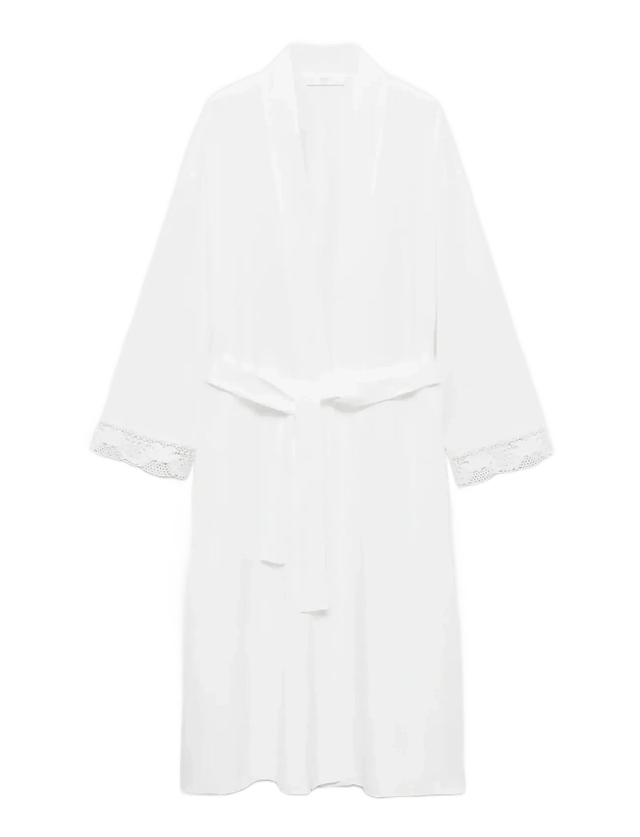 Mango - Cotton robe with lace - white - 1