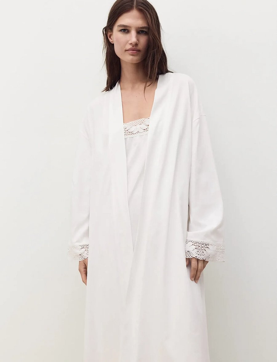 Mango - Cotton robe with lace - white - 0