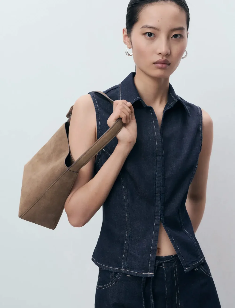 Mango - Denim top with contrast stitching - linnen - open blue - 0