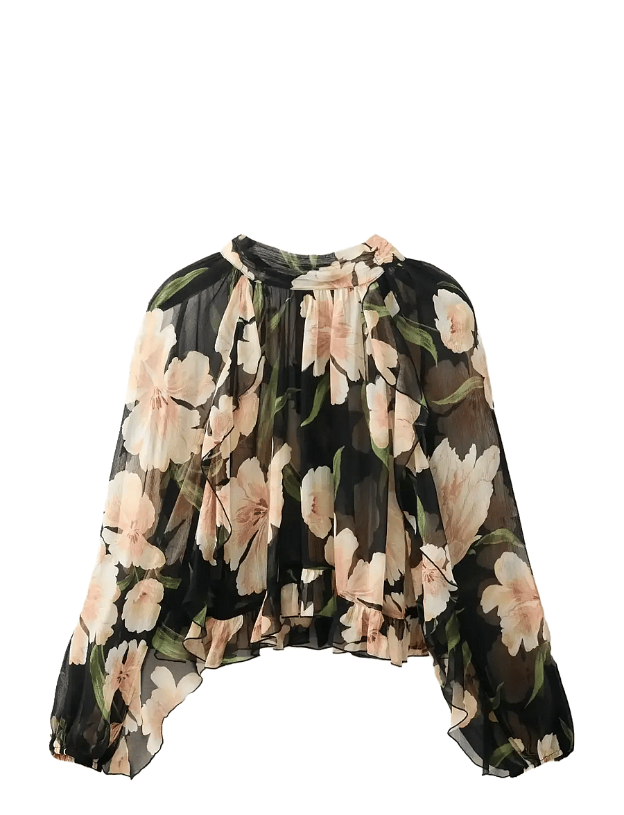 Mango - Semi-transparent floral blouse - black - 1