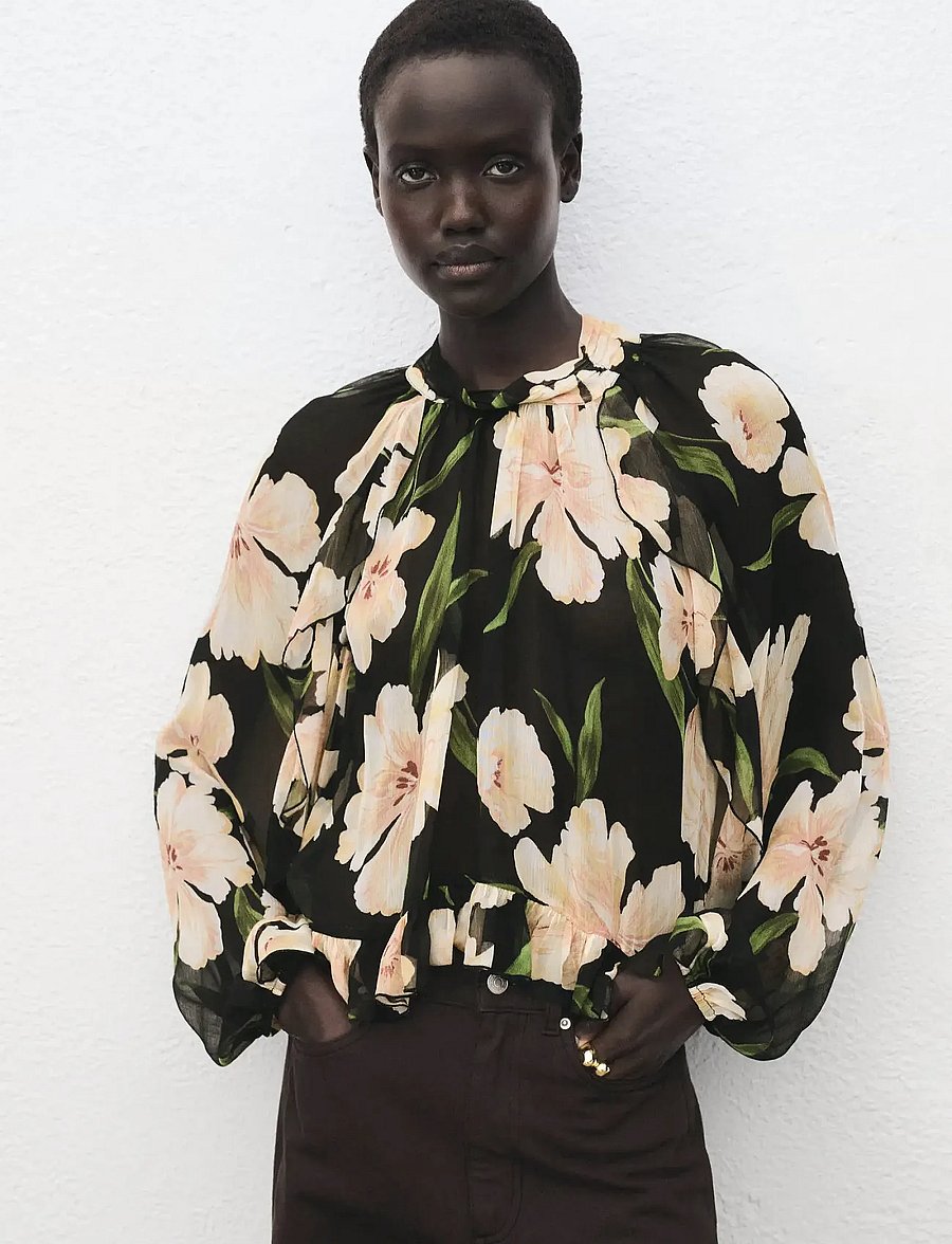 Mango - Semi-transparent floral blouse - black - 0