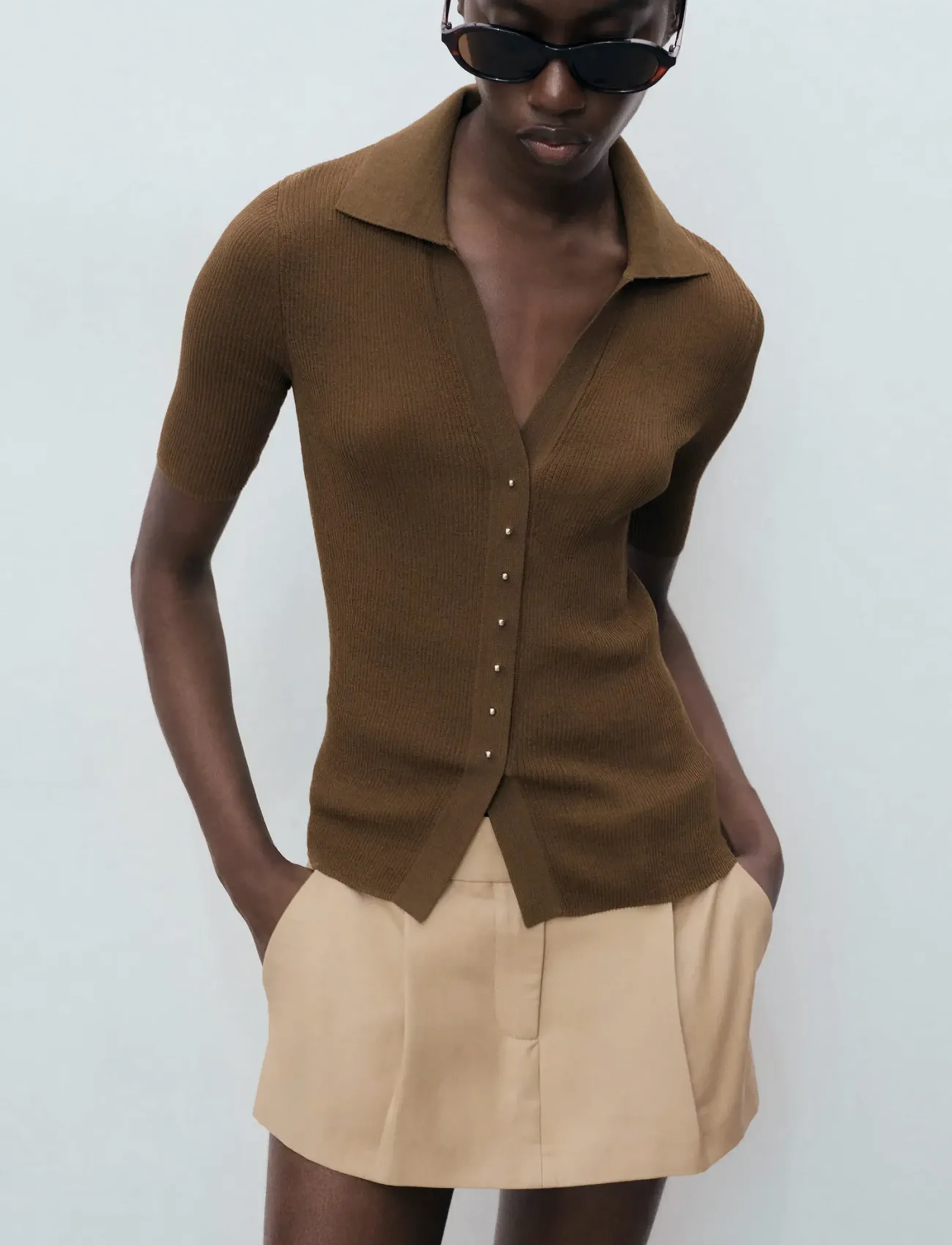 Mango Ribbed Polo-Neck Sweater, XS, T-shirts & Oberteile, Braun - Polos, Frauen