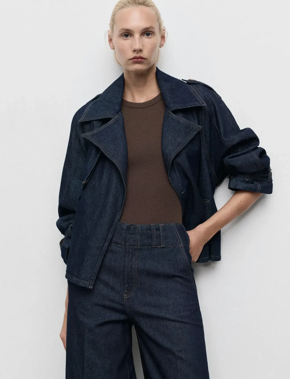 Mango - Short denim trench coat with belt - jeansjackor - open blue - 0