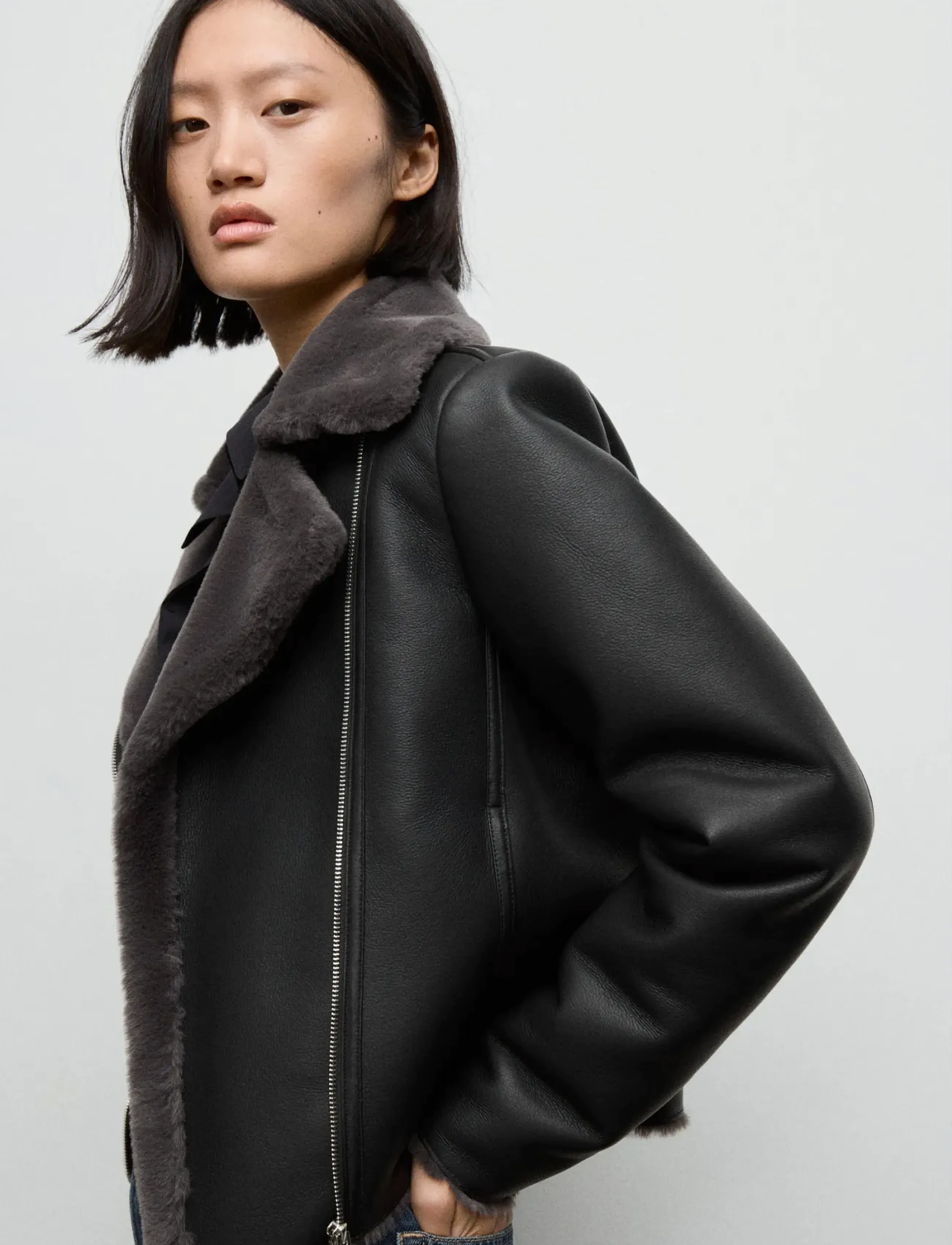 Mango Faux-fur biker jacket - Lederjacken - BLACK / black