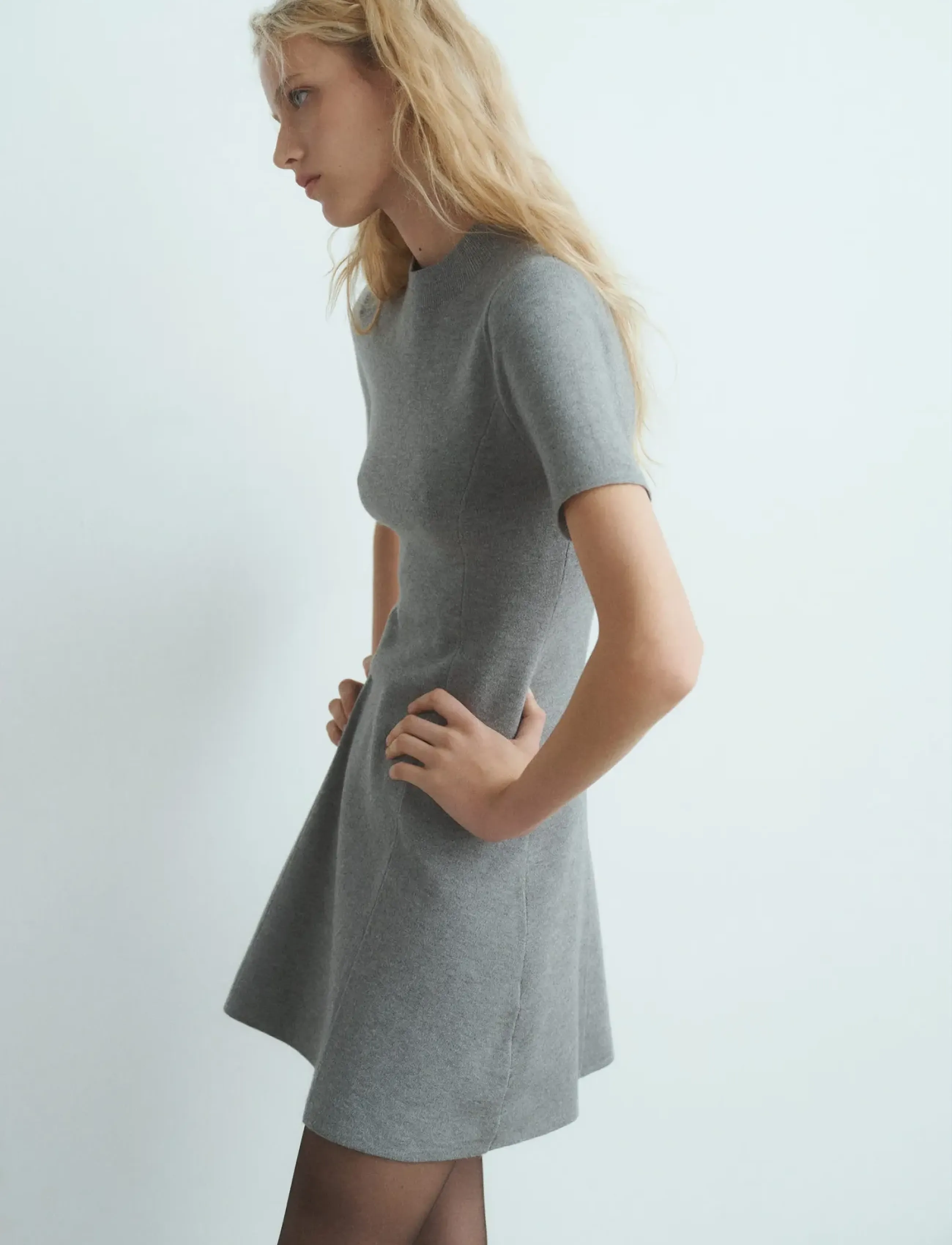 Mango Fine-Knit Flared Dress, S, Grey, Kjoler > Kort Kjole, Dame