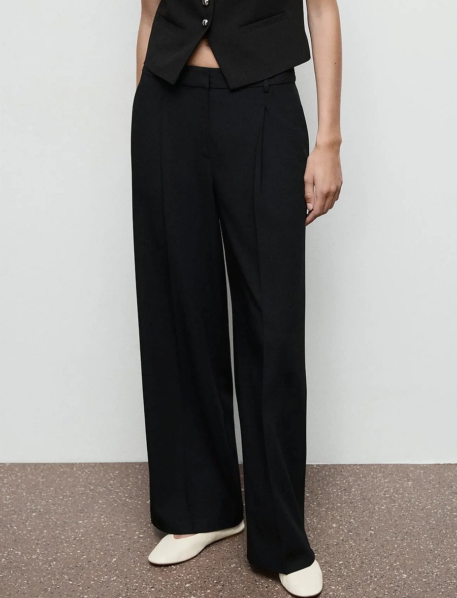 Mango - Pleated wide leg trousers - vida byxor - black - 0