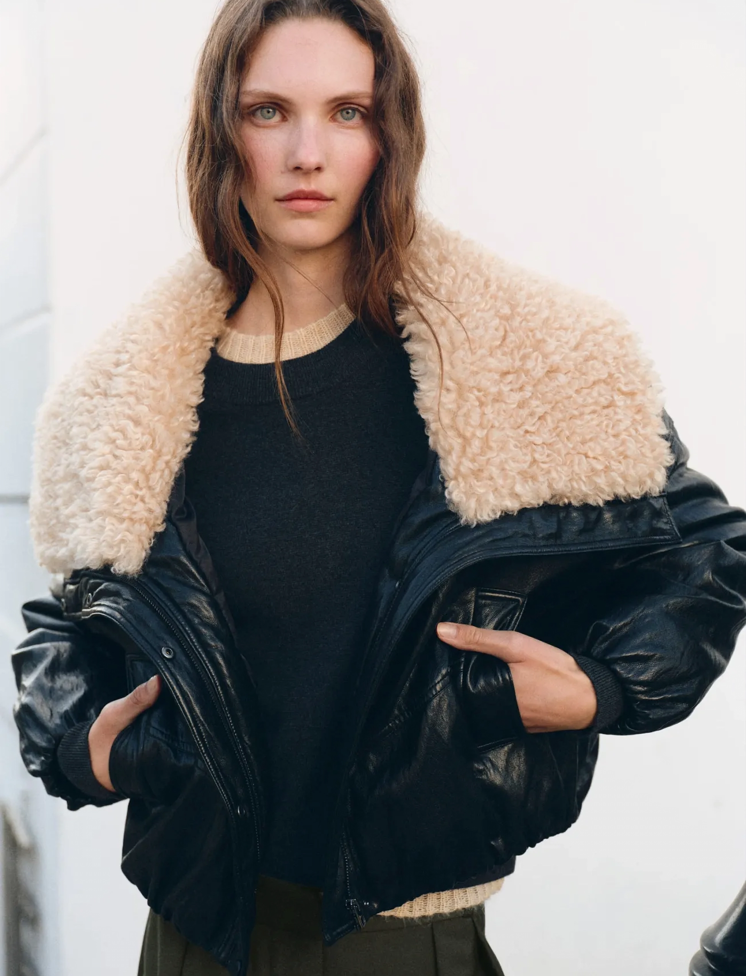 Mango Faux-Leather Jacket With Shearling Collar, L, Black, Jakker > Læder, Dame