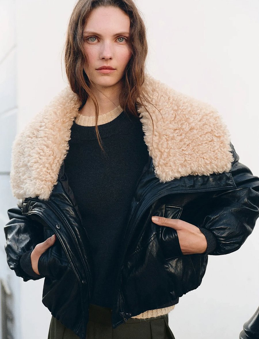 Mango - Faux-leather jacket with shearling collar - frühlingsjacken - black - 0