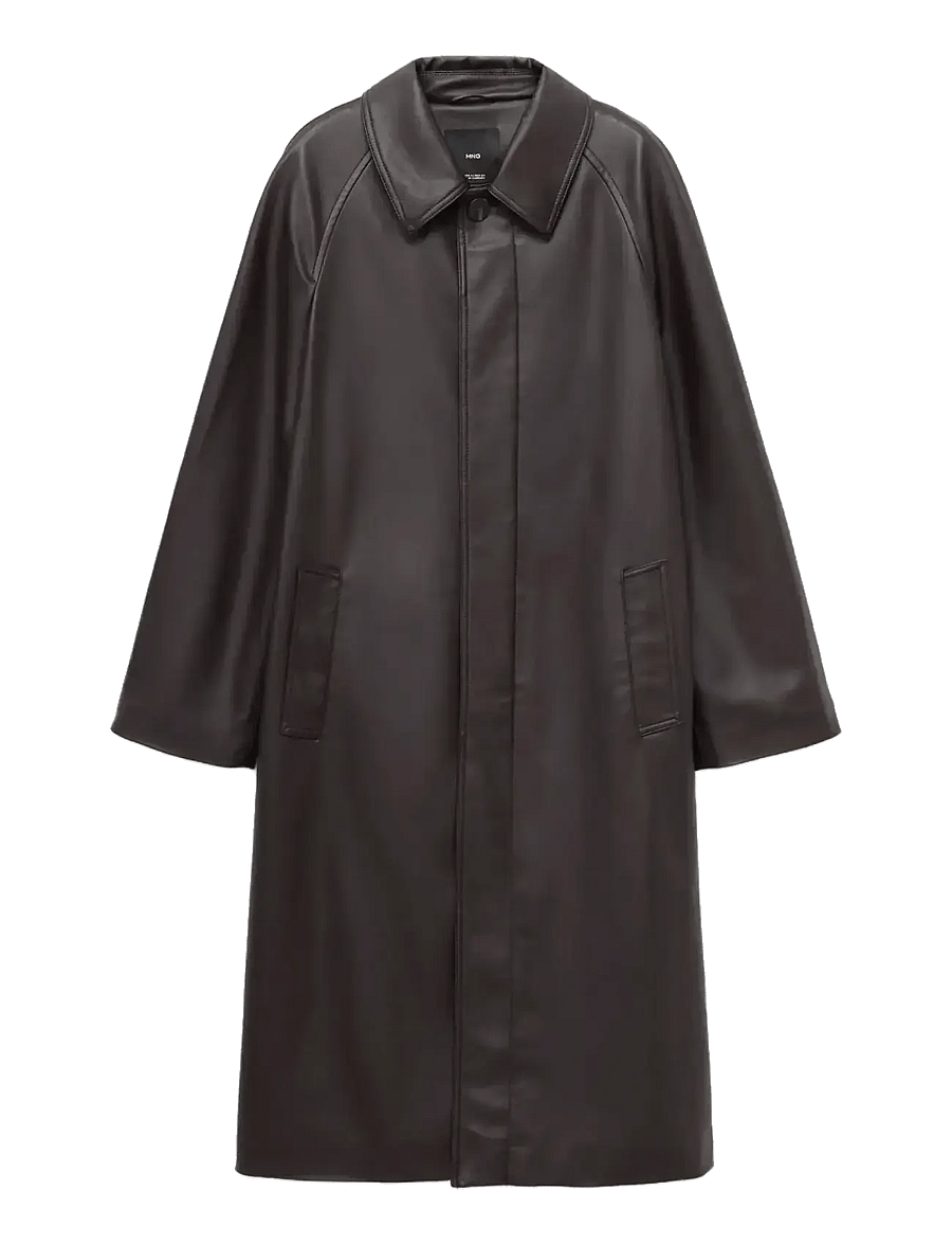 Mango - Long faux-leather trench coat - trenchcoats - dark brown - 1