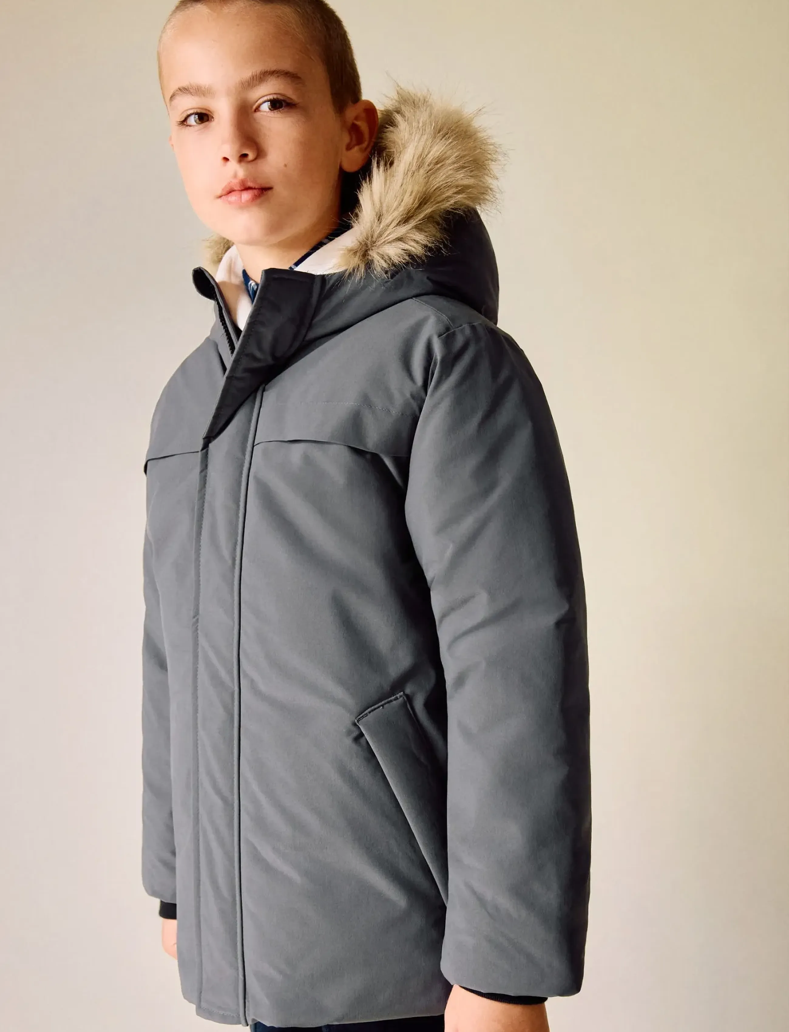 Mango Anorak With Shearling-Effect Hood, 122, Jackets & Coats, Grau - Anoraks, Kinder