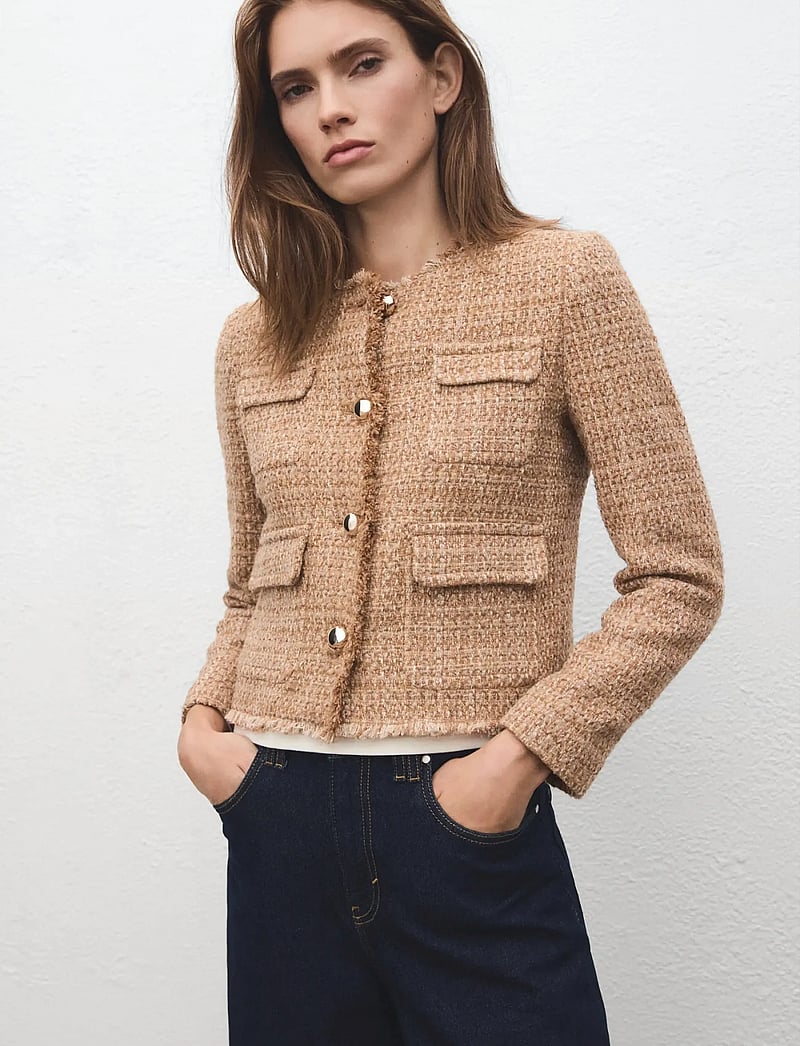 Mango - Tweed jacket with frayed ends - efterårsjakker - medium brown - 0