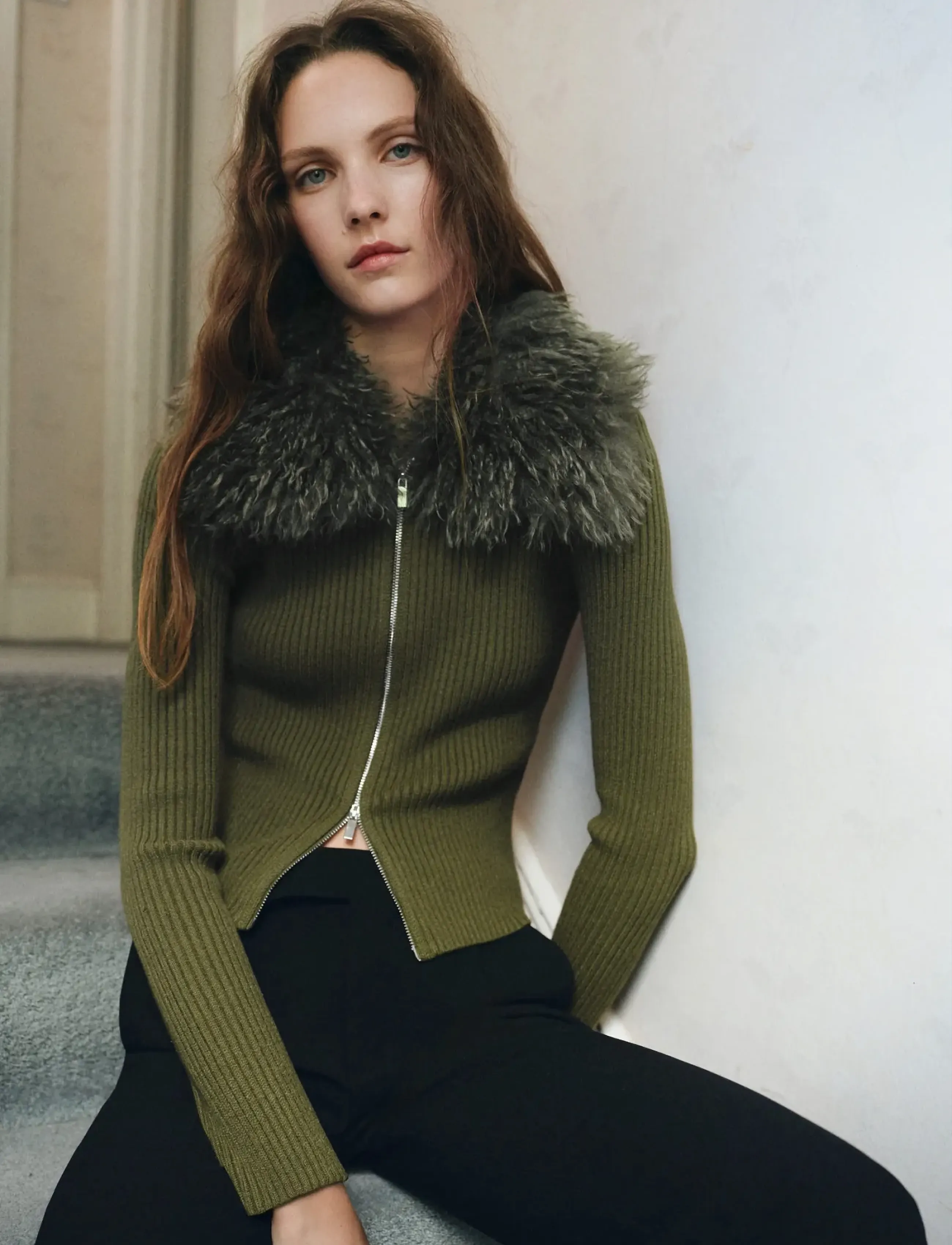 Mango Faux-fur combined cardigan - Mango - BEIGE - KHAKI / green