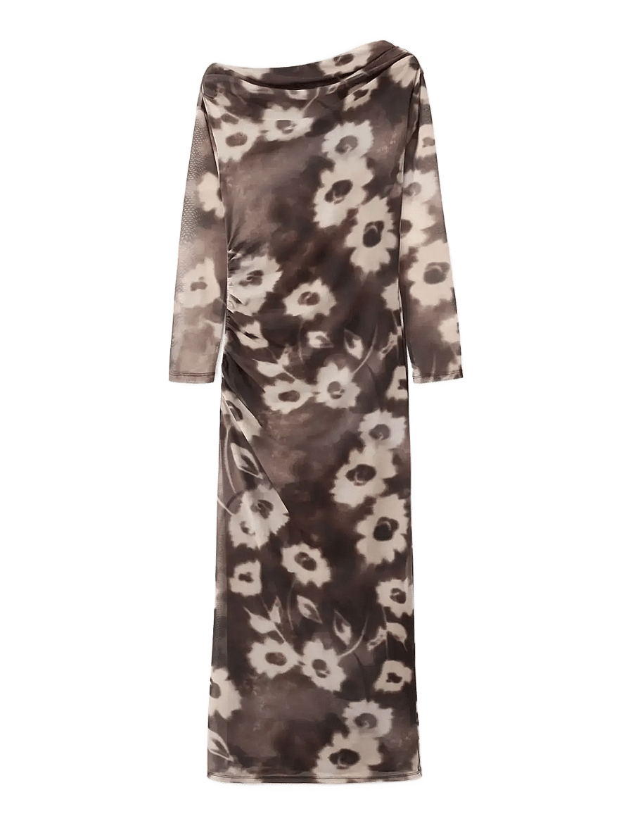 Mango - Asymmetrical floral-print dress - aftonklänningar - brown - 1
