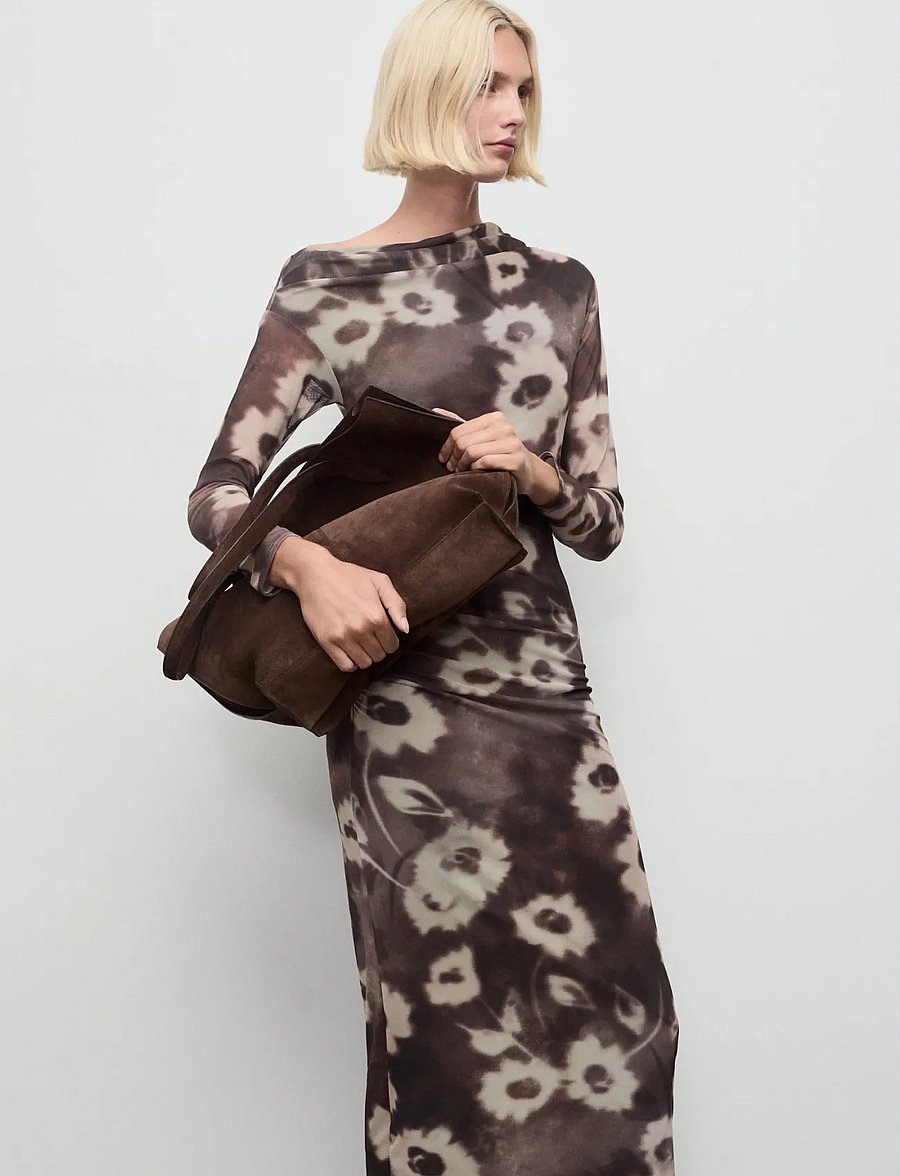 Mango - Asymmetrical floral-print dress - aftonklänningar - brown - 0