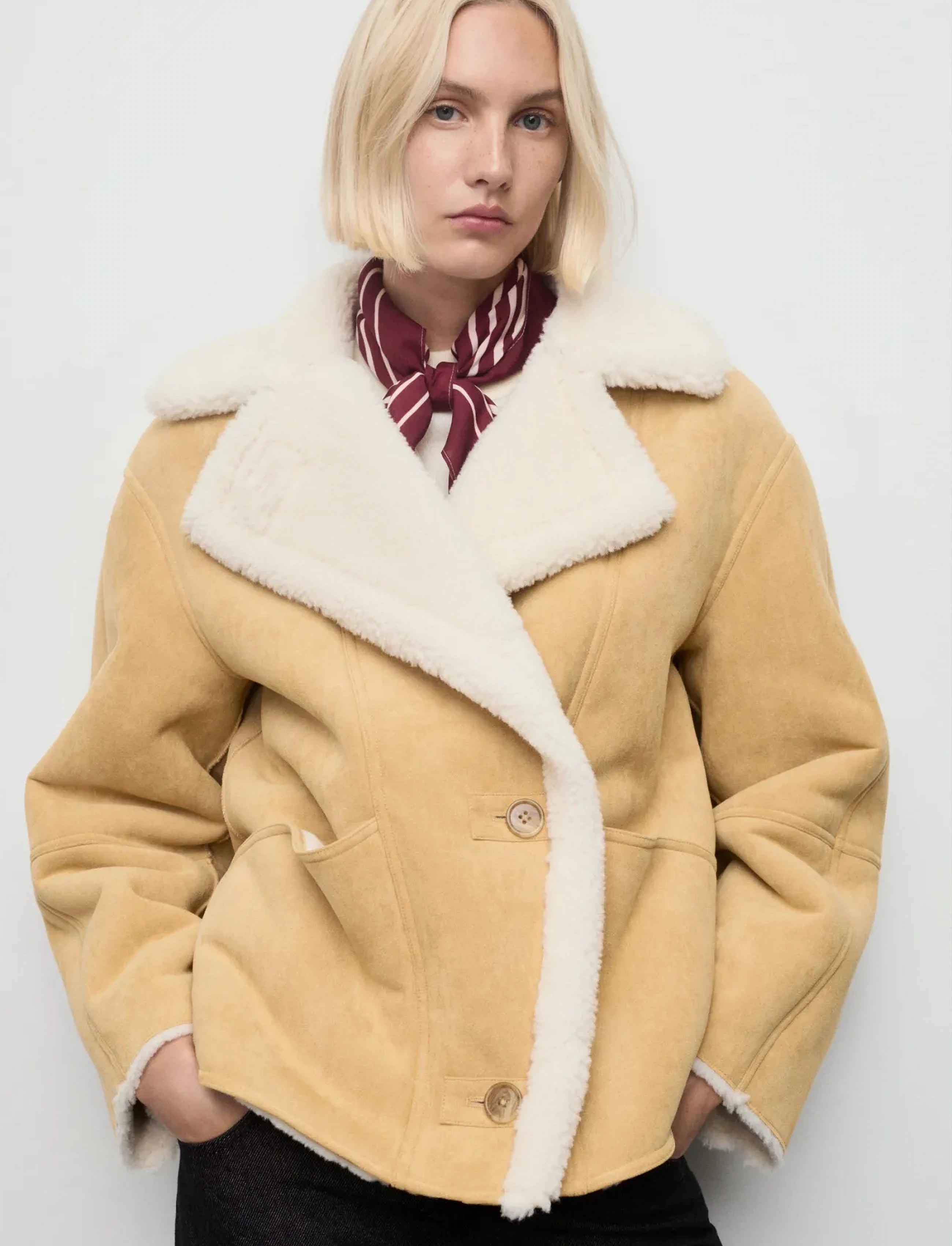 Mango Suede-Effect Jacket With Shearling Collar, M, Beige, Jakker > Læder, Dame