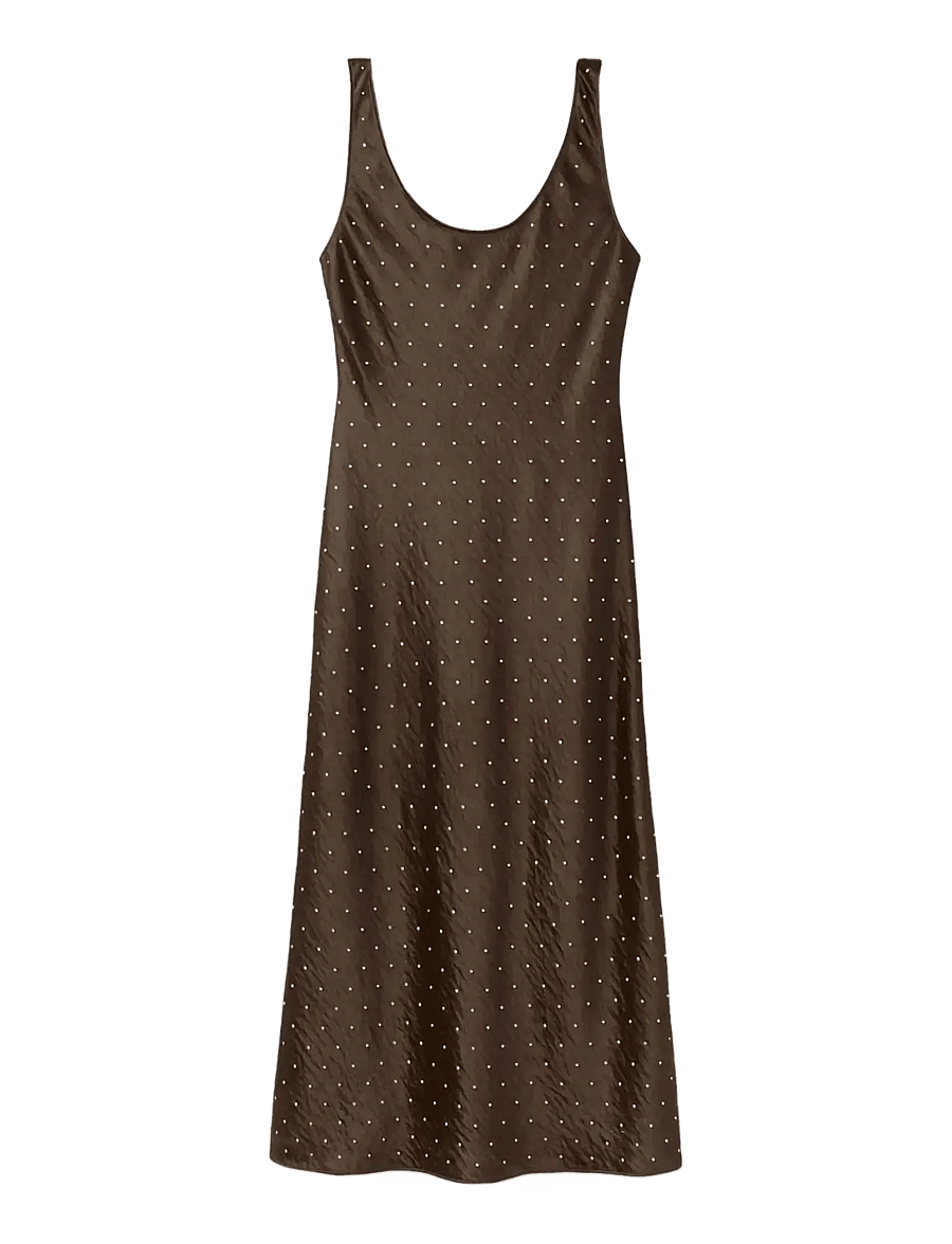 Mango - Satin crinkle-effect dress with crystals - slip dresses - brown - 1