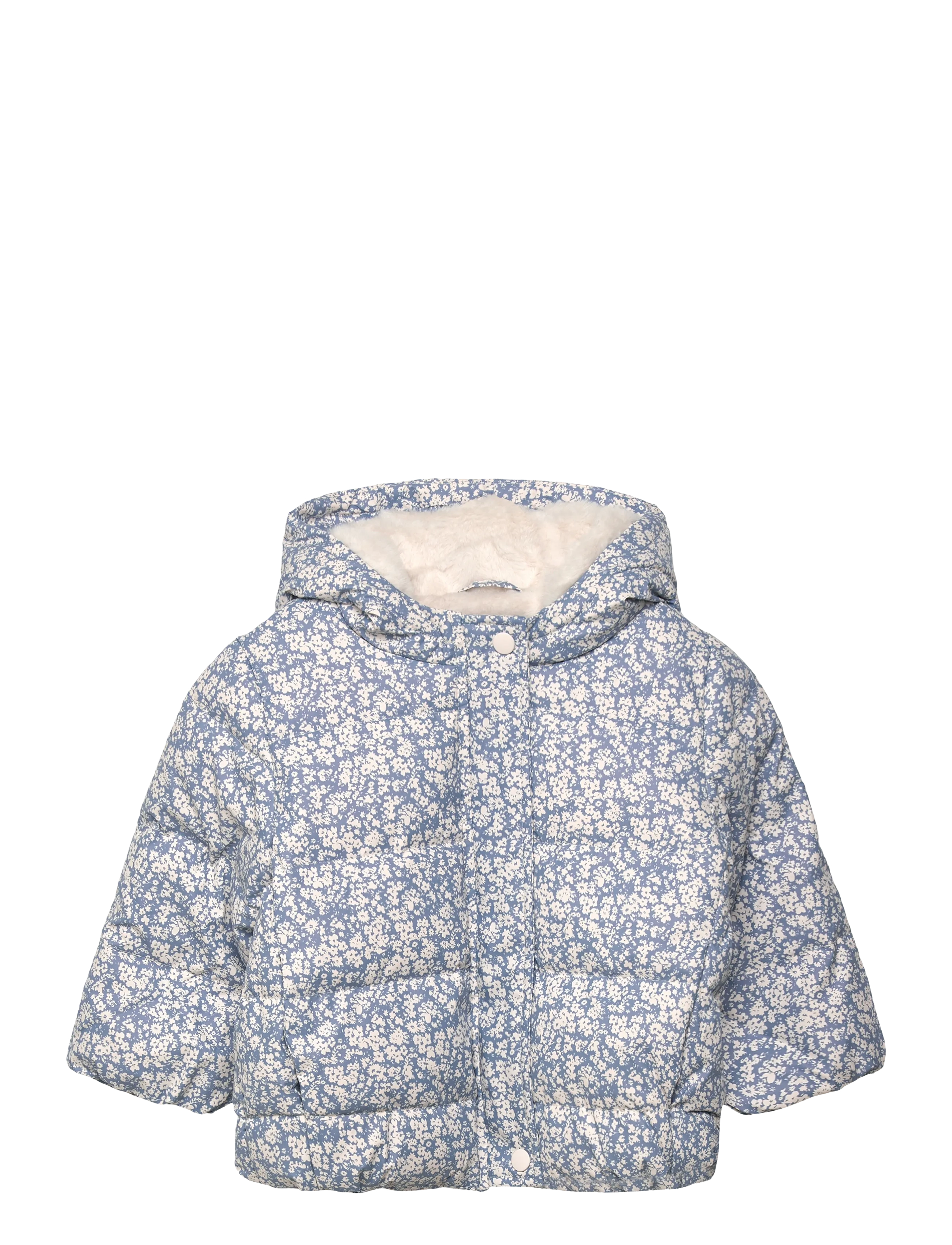 Mango Fur-Effect Floral-Print Anorak, Børn, Blomstret Vatteret Hætteanorak, Blå, Str: 12-18M