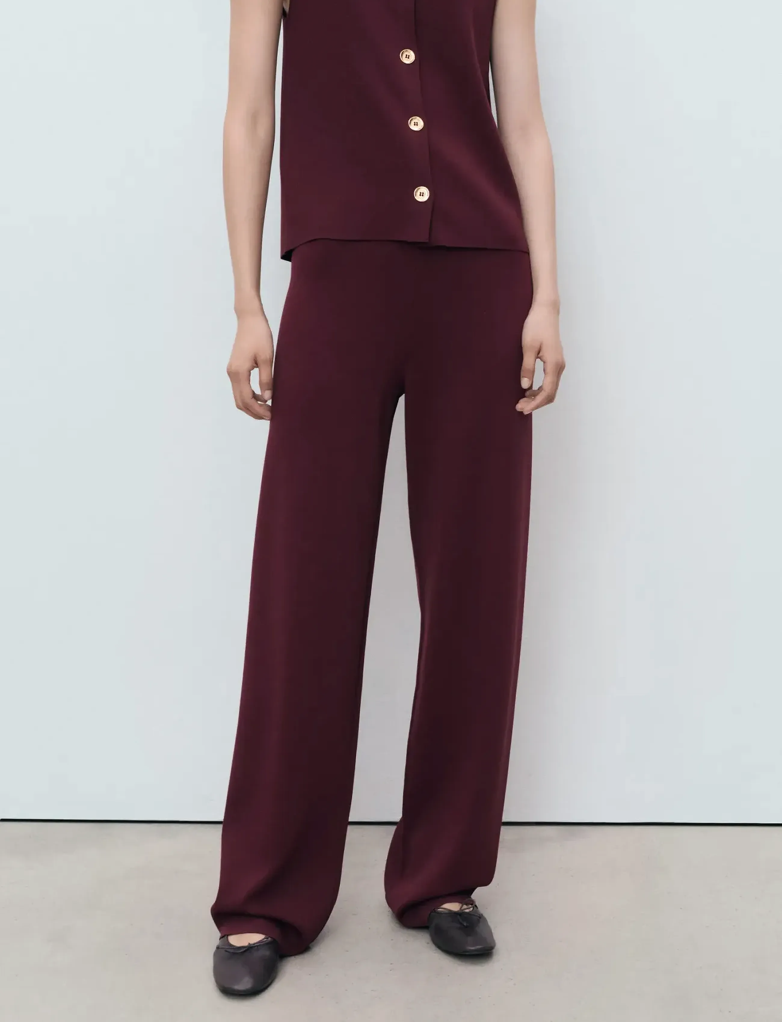 Mango Knitted Trousers With Elastic Waistband, Kvinder, Strikkede Bukser, Bordeaux, Str: M