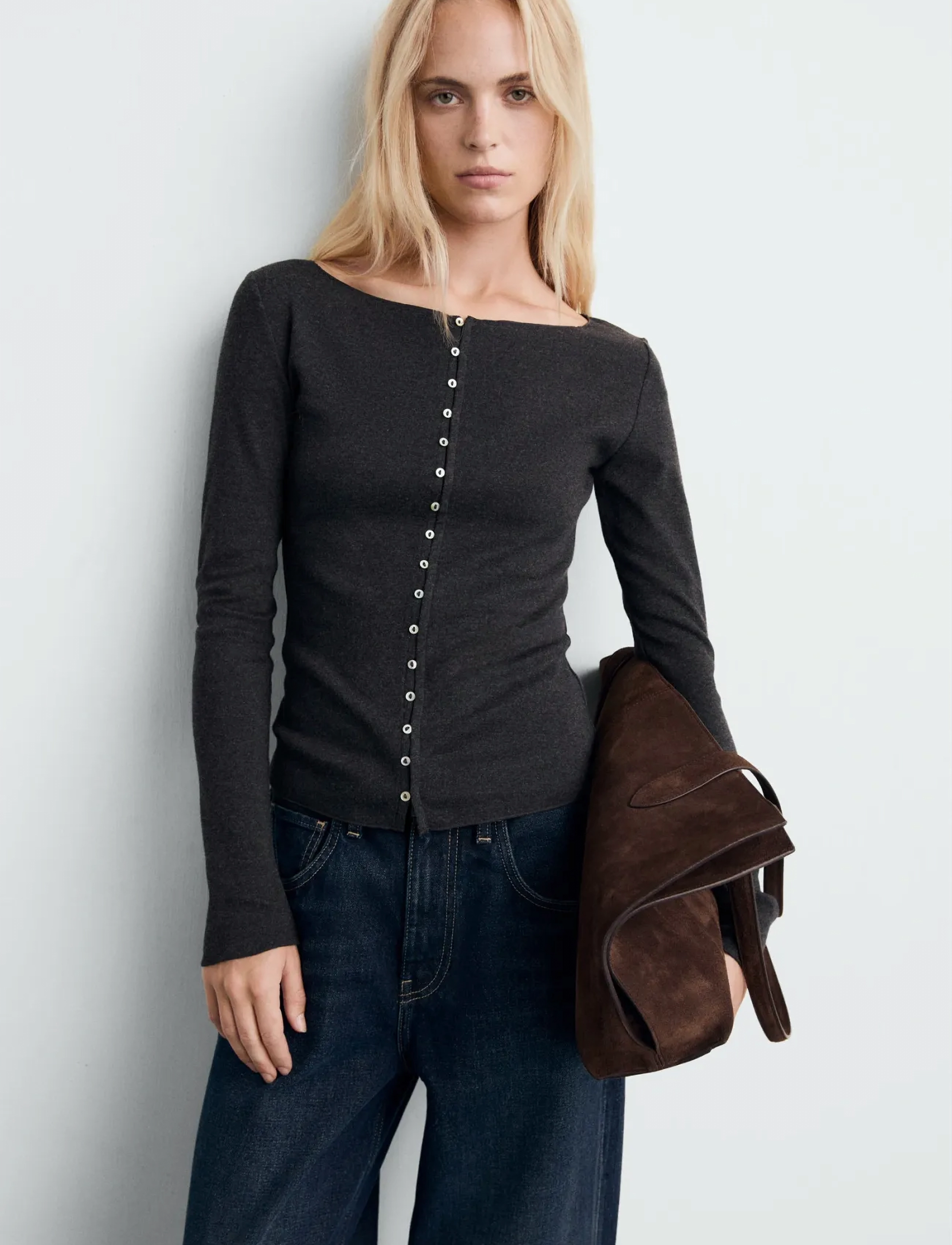Mango Boat neck cardigan with buttons - Stickat - GREY / grey