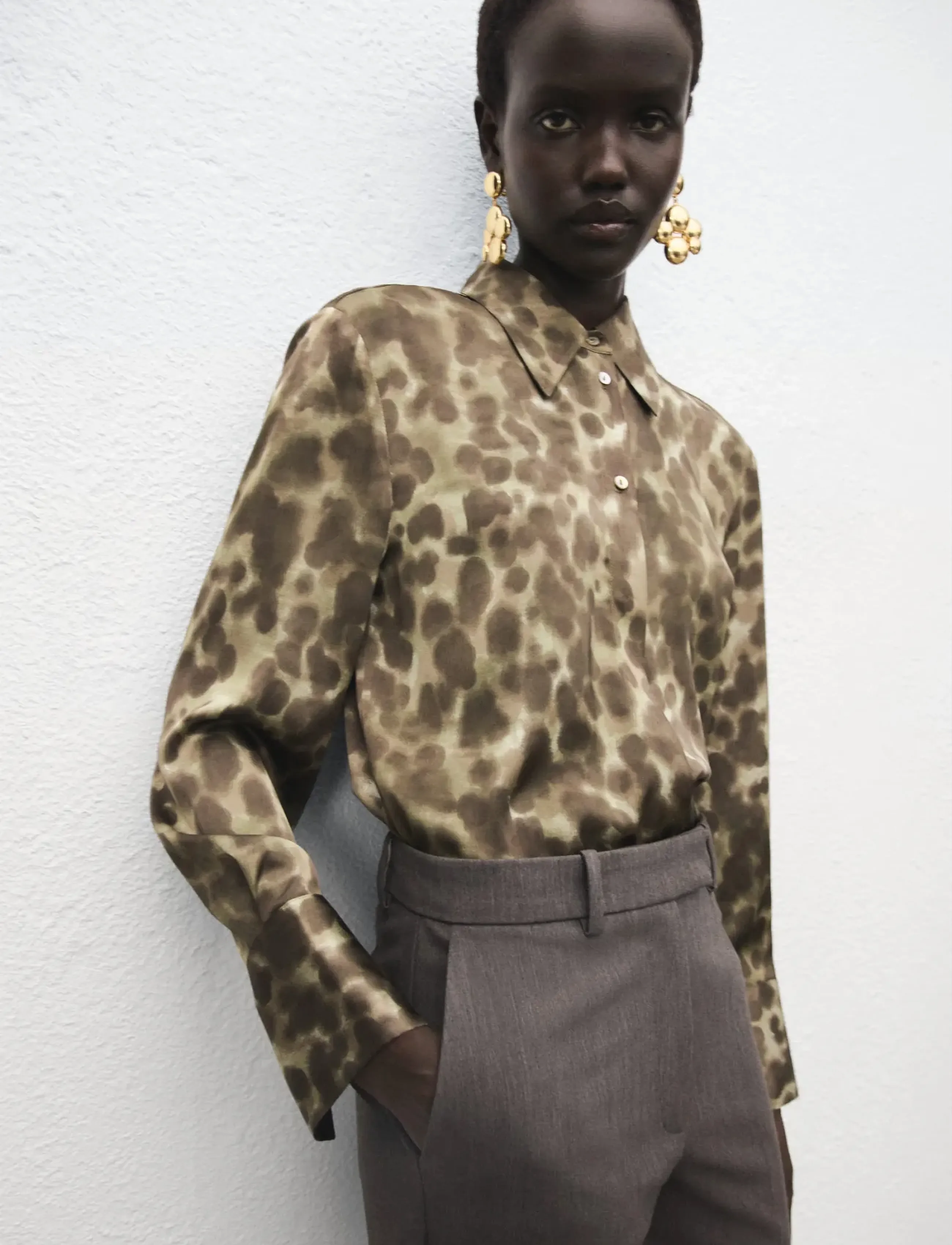 Mango Satin Print Shirt, XS, Shirts, Braun - Long-sleeved, Frauen