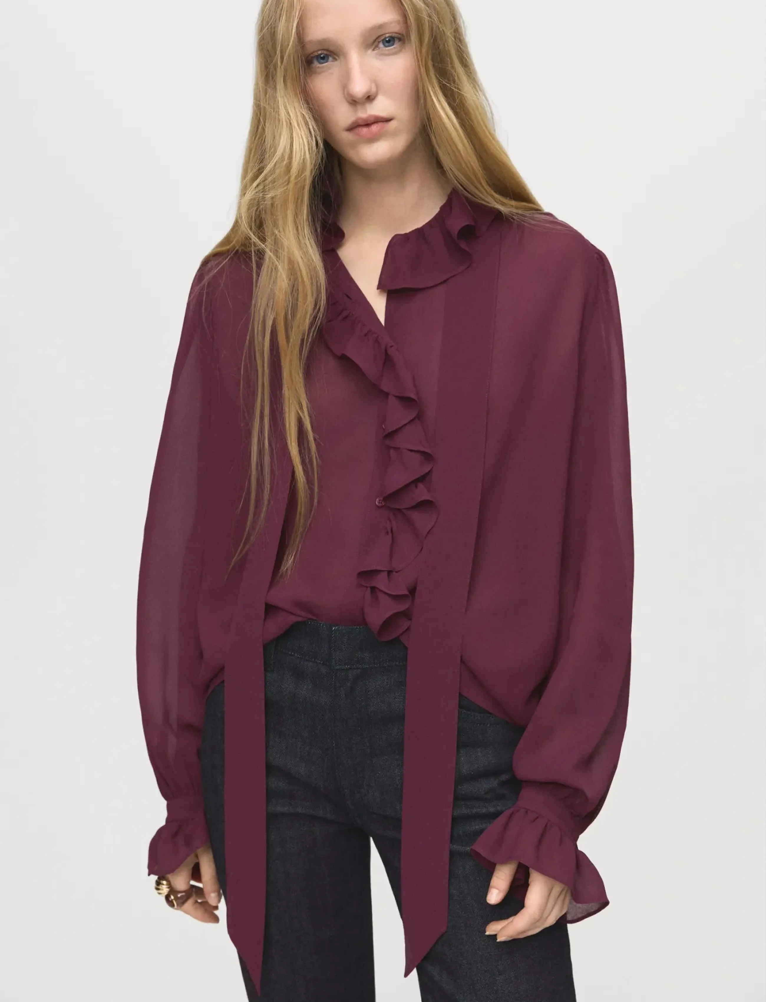 Mango Ruffled Blouse With Scarf, Kvinder, Tørklædekrave Flæsebluse, Bordeaux, Str: M
