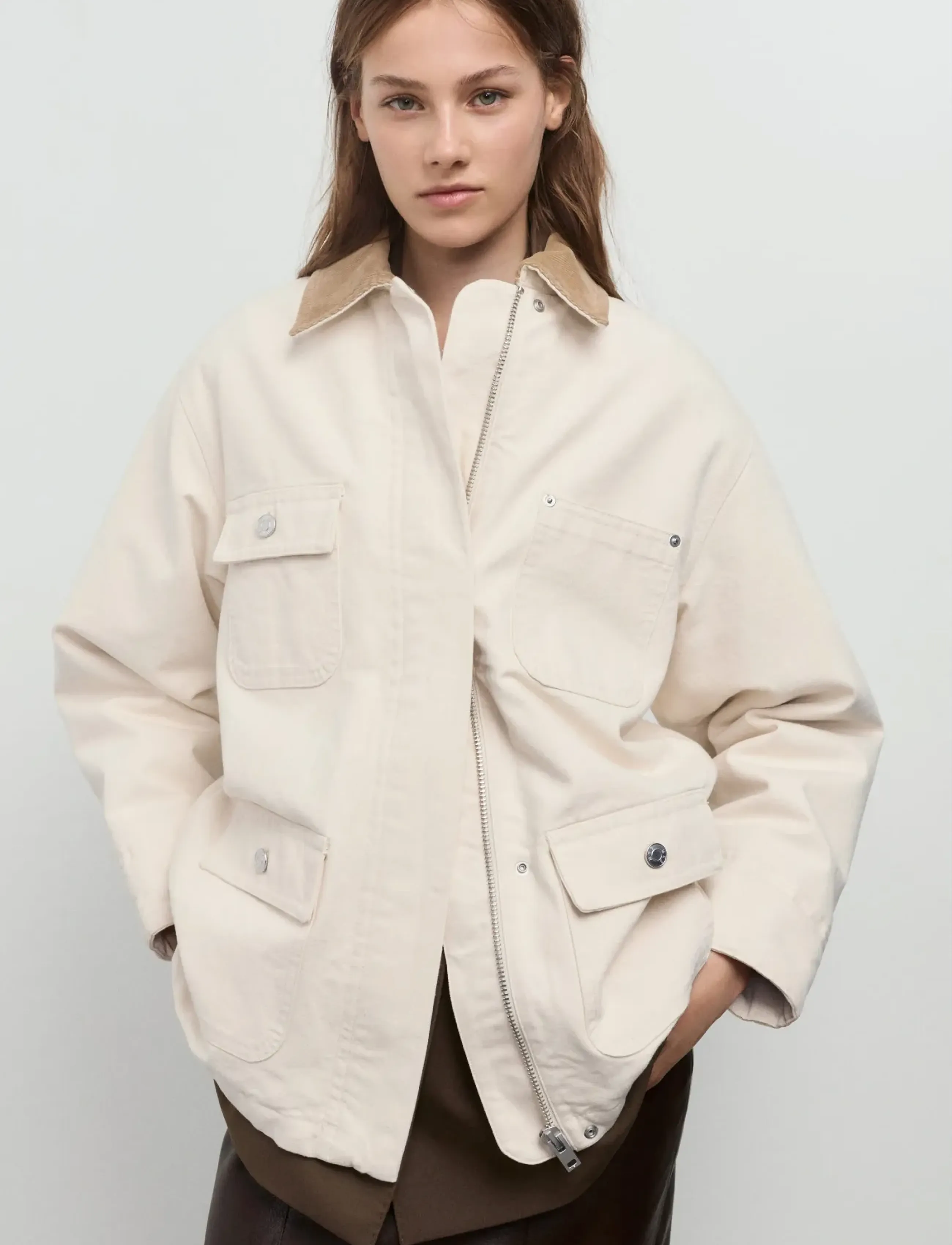 Mango Denim parka with corduroy collar - Angebote - LIGHT BEIGE / cream