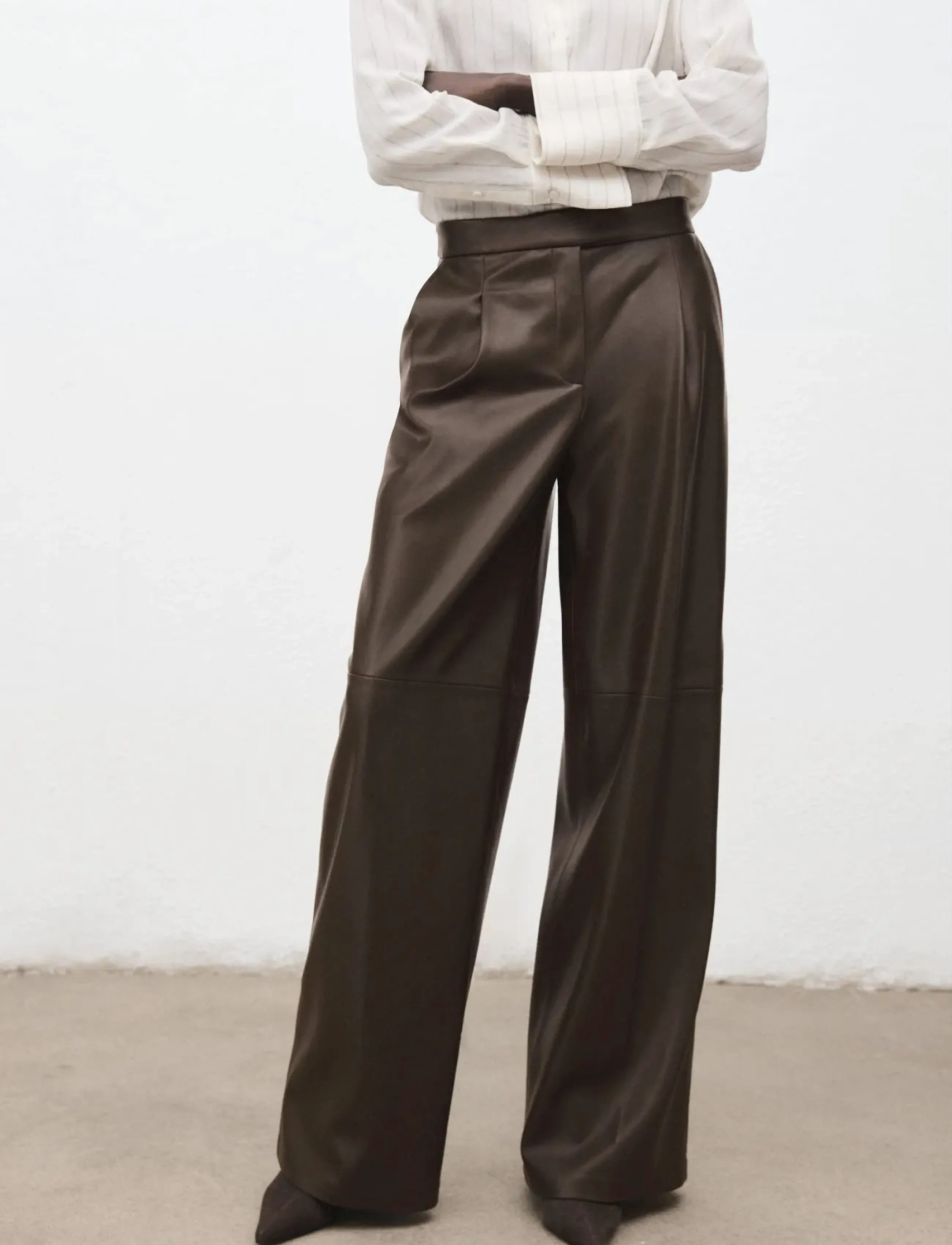 Mango Wide Leg Faux-Leather Trousers, 40, Braun - Leg, Frauen