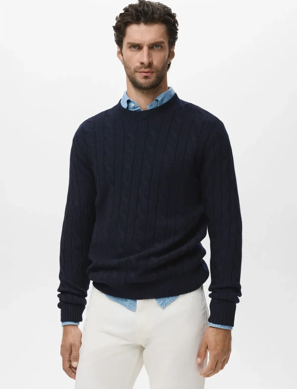 Mango - 100% wool braided sweater - rund hals - navy - 0