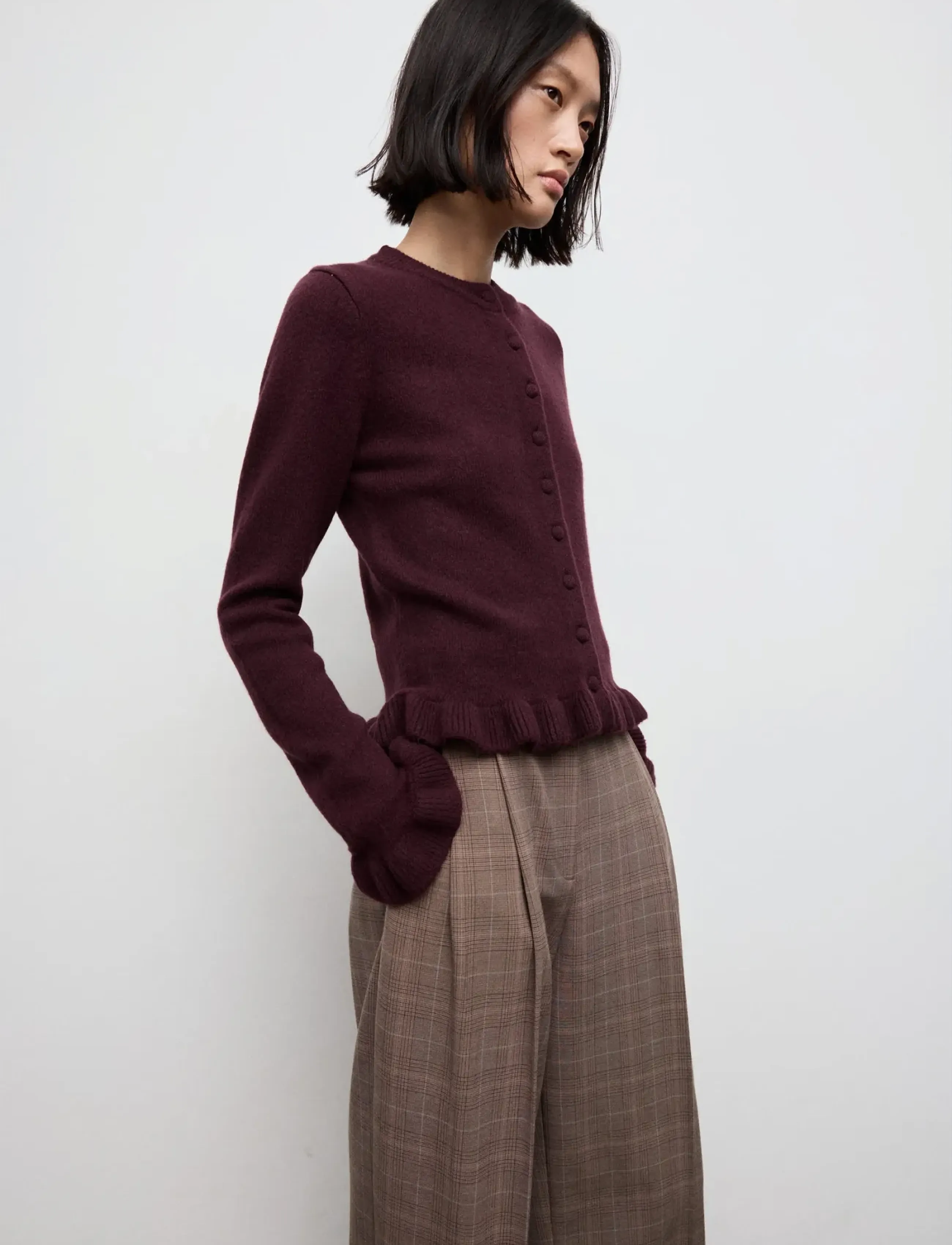 Mango Ruffle  knit cardigan - Cardigans - DARK RED / burgundy
