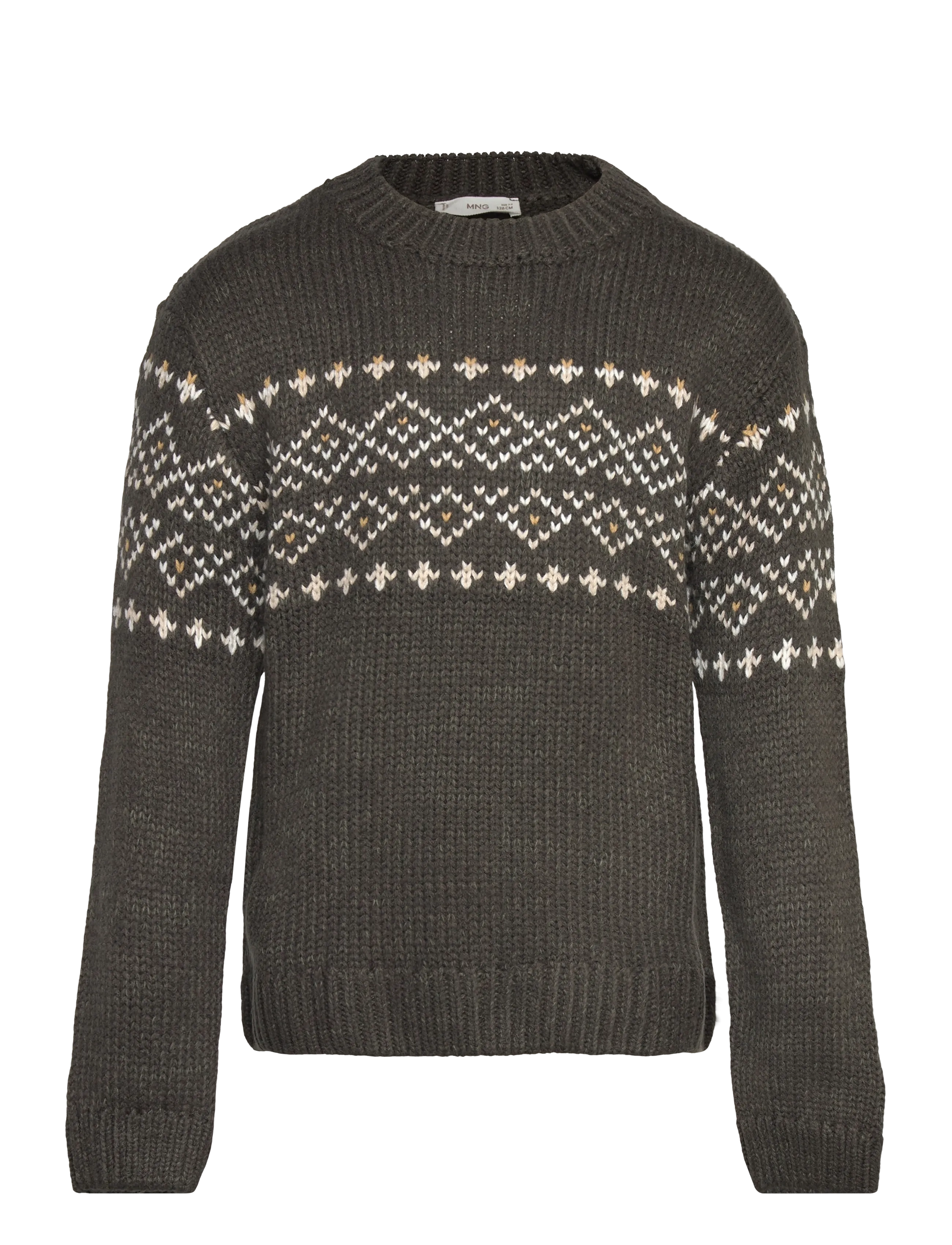 Mango Jacquard Knitted Sweater, 11-12, Knitwear, Khakigrün - Pullovers, Kinder