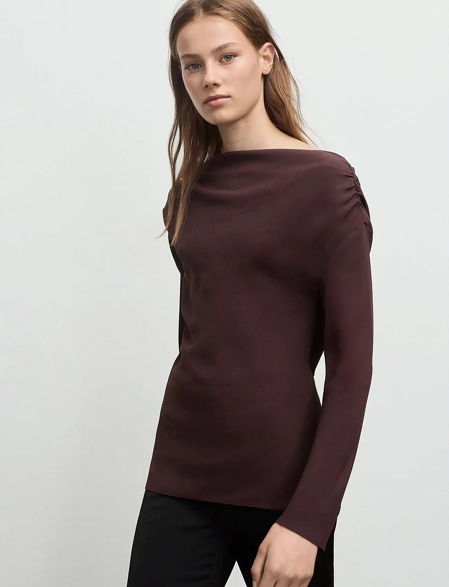 Mango - Blouse with asymmetrical neckline - långärmade blusar - brown - 0