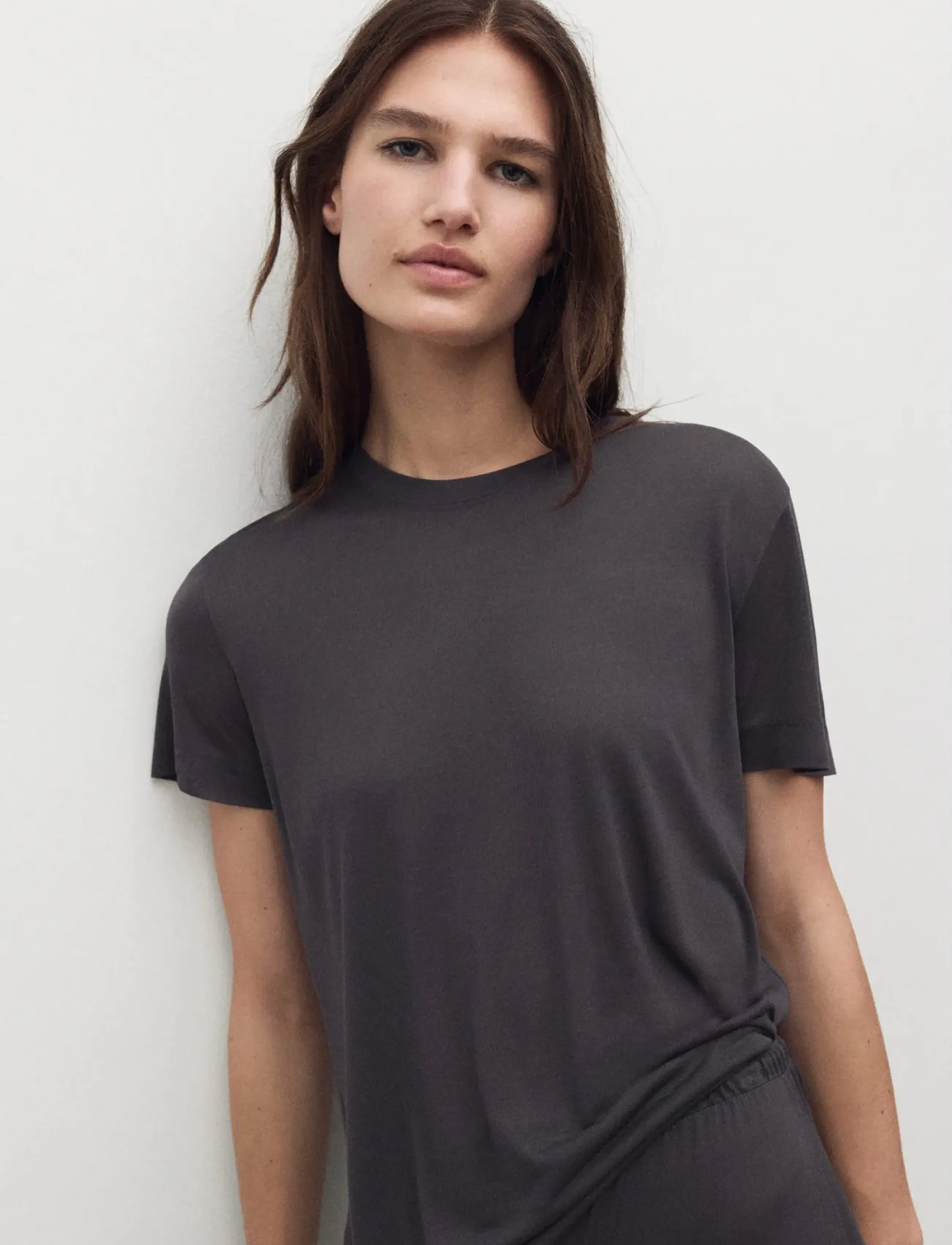 Mango Short-Sleeved Micro-Modal Pyjama Top, S, Night & Loungewear, Grau - Oberteile, Frauen